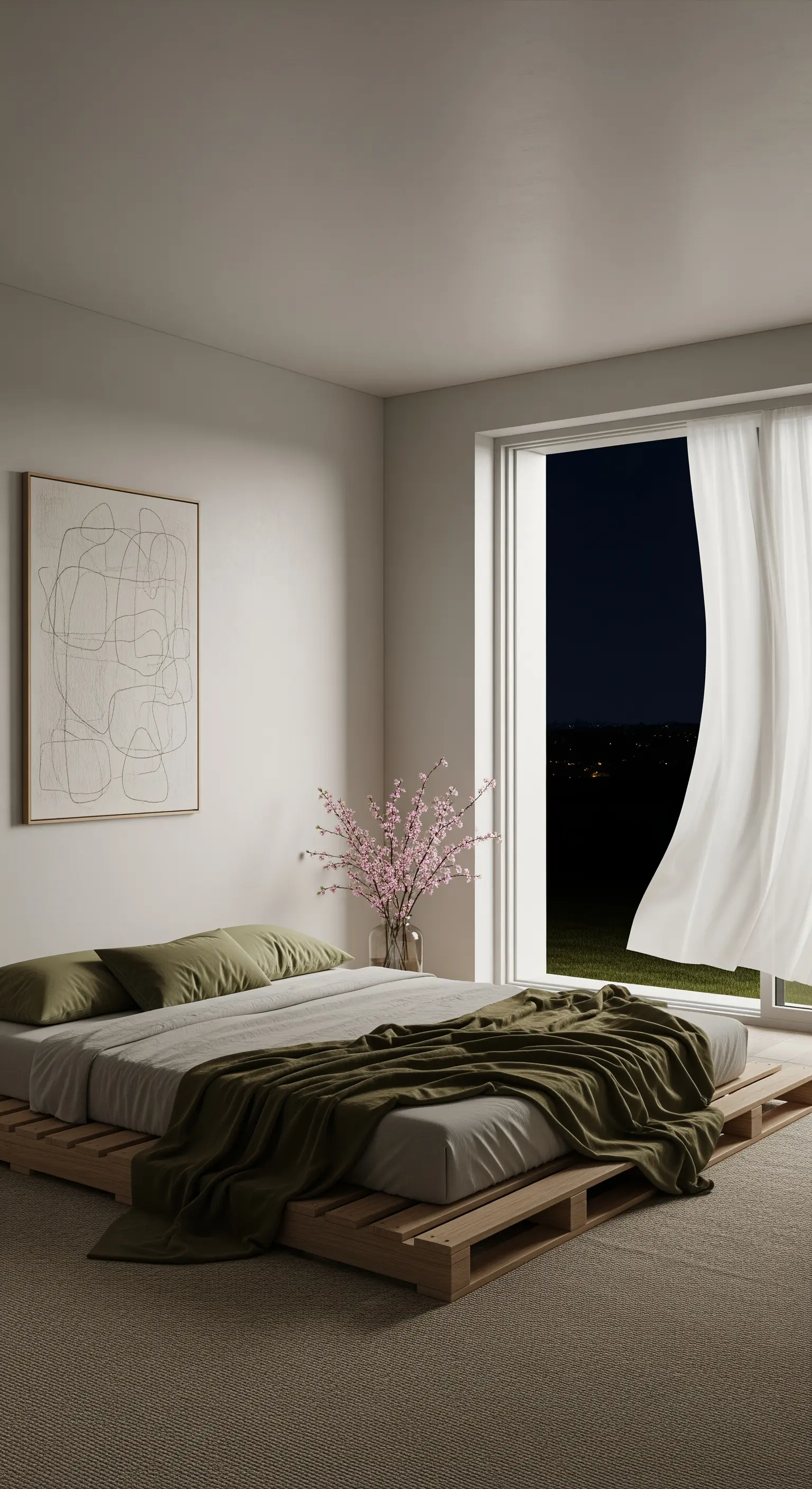 Minimalistisches Schlafzimmer mit Palettenbett und olivgrüner Bettwäsche.