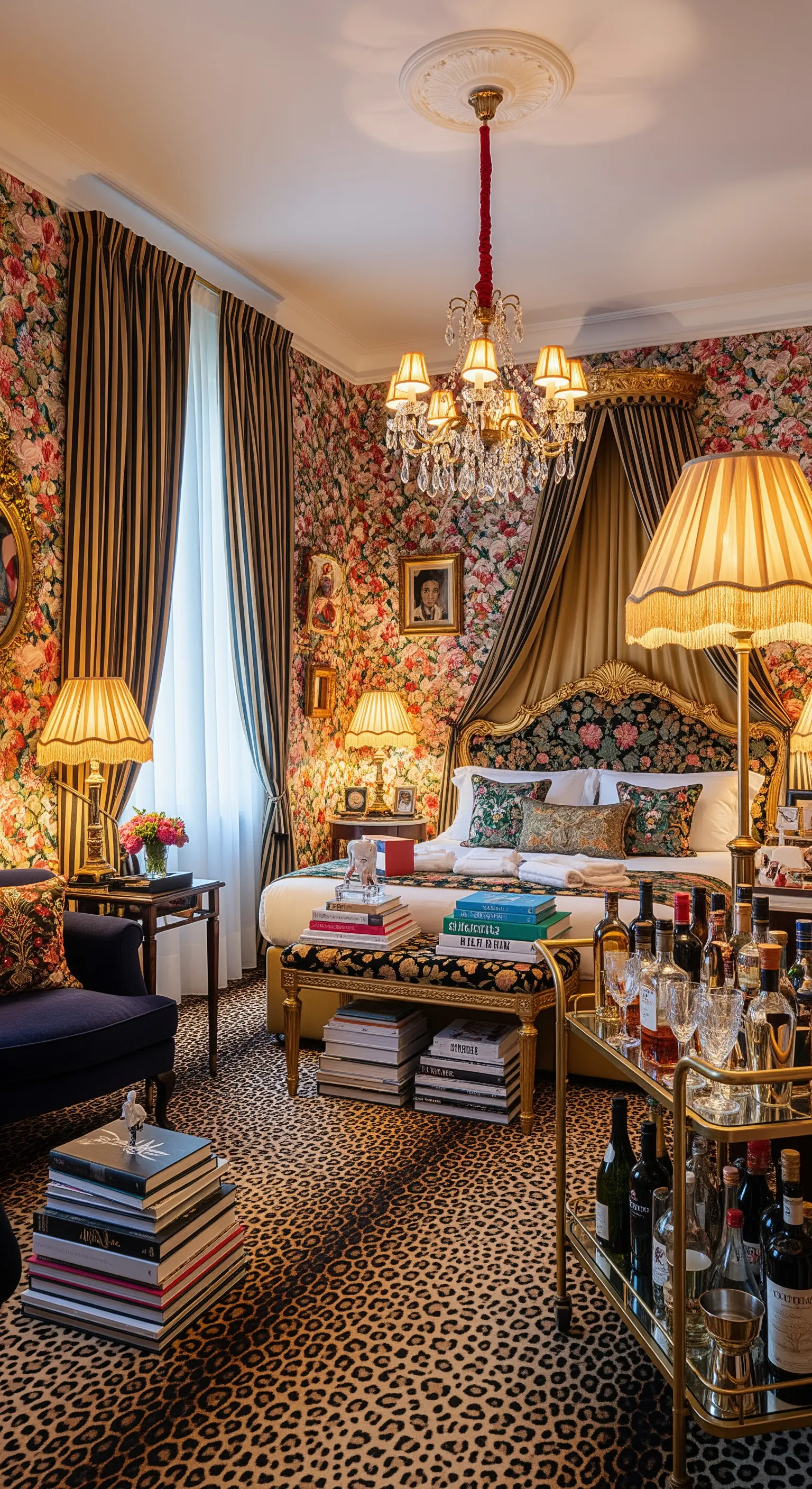 Maximalistisches Schlafzimmer mit Mustermix aus Blumen, Streifen und Leopardenmuster.