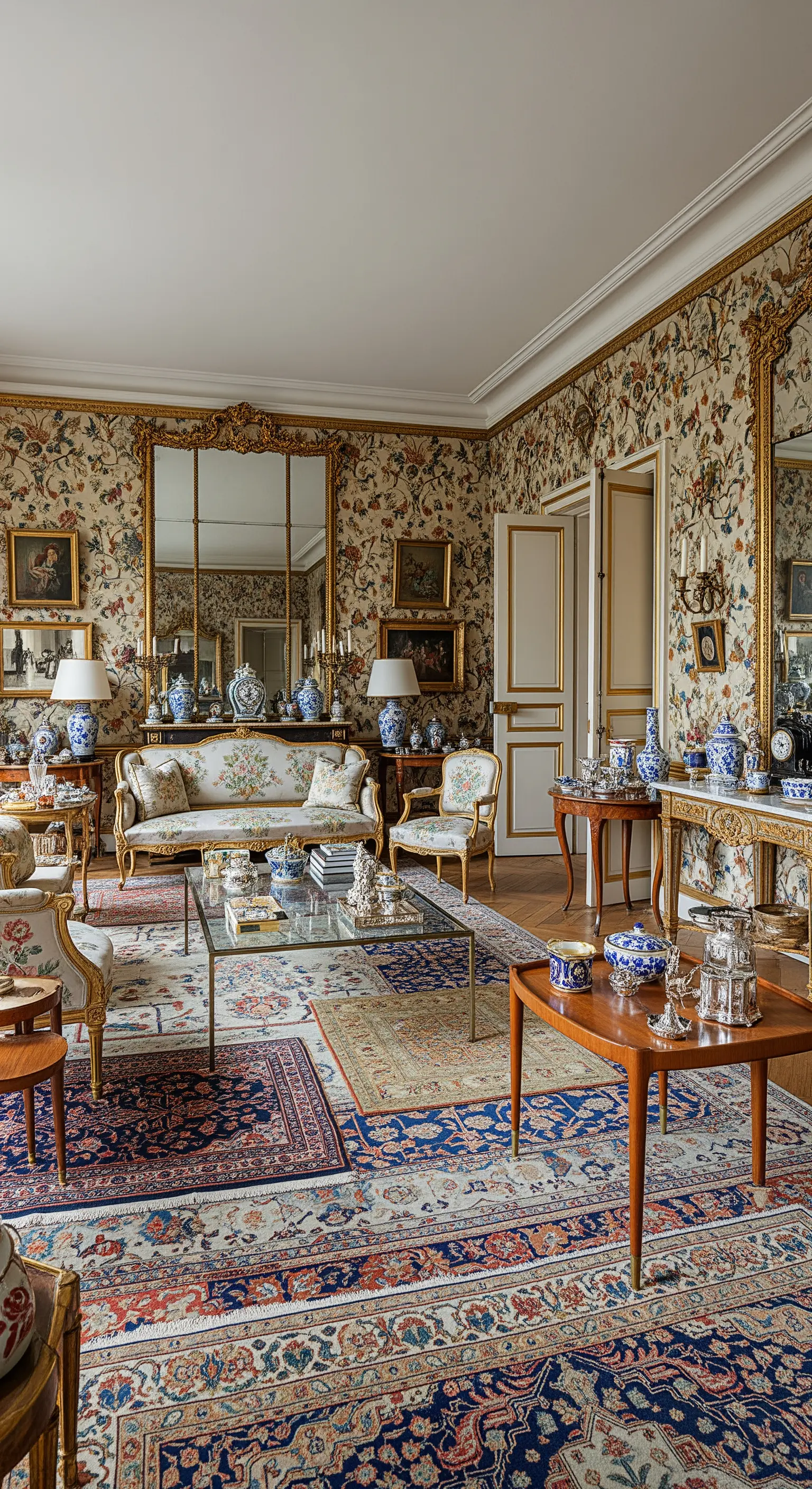 Maximalistisches Wohnzimmer mit floraler Tapete, mehreren Teppichen und verzierten Möbeln.