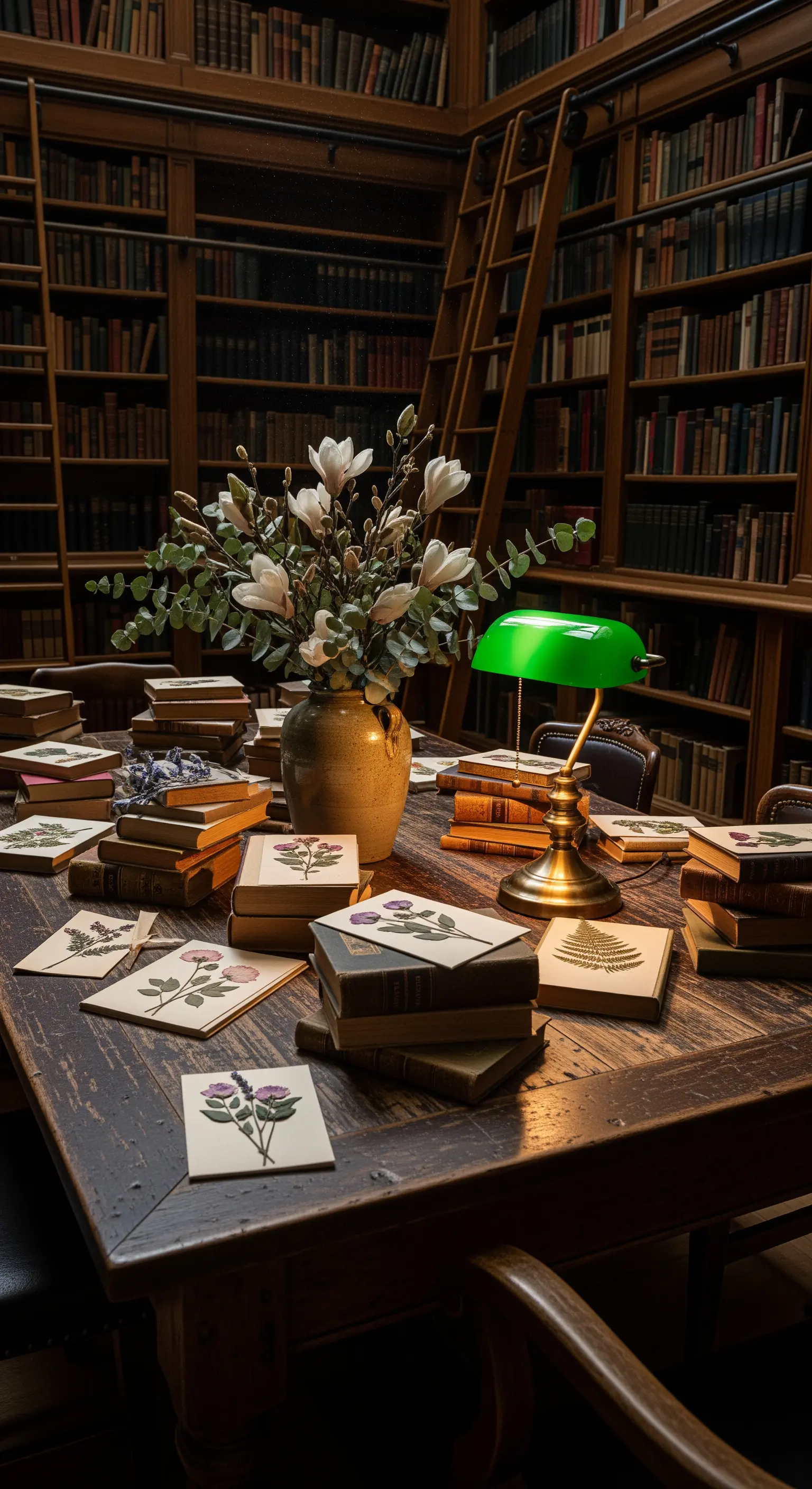 Botanische Drucke, Trockenblumen in Vase, Vintage-Bücher, grüne Banklampe auf Holztisch in Bibliothek.