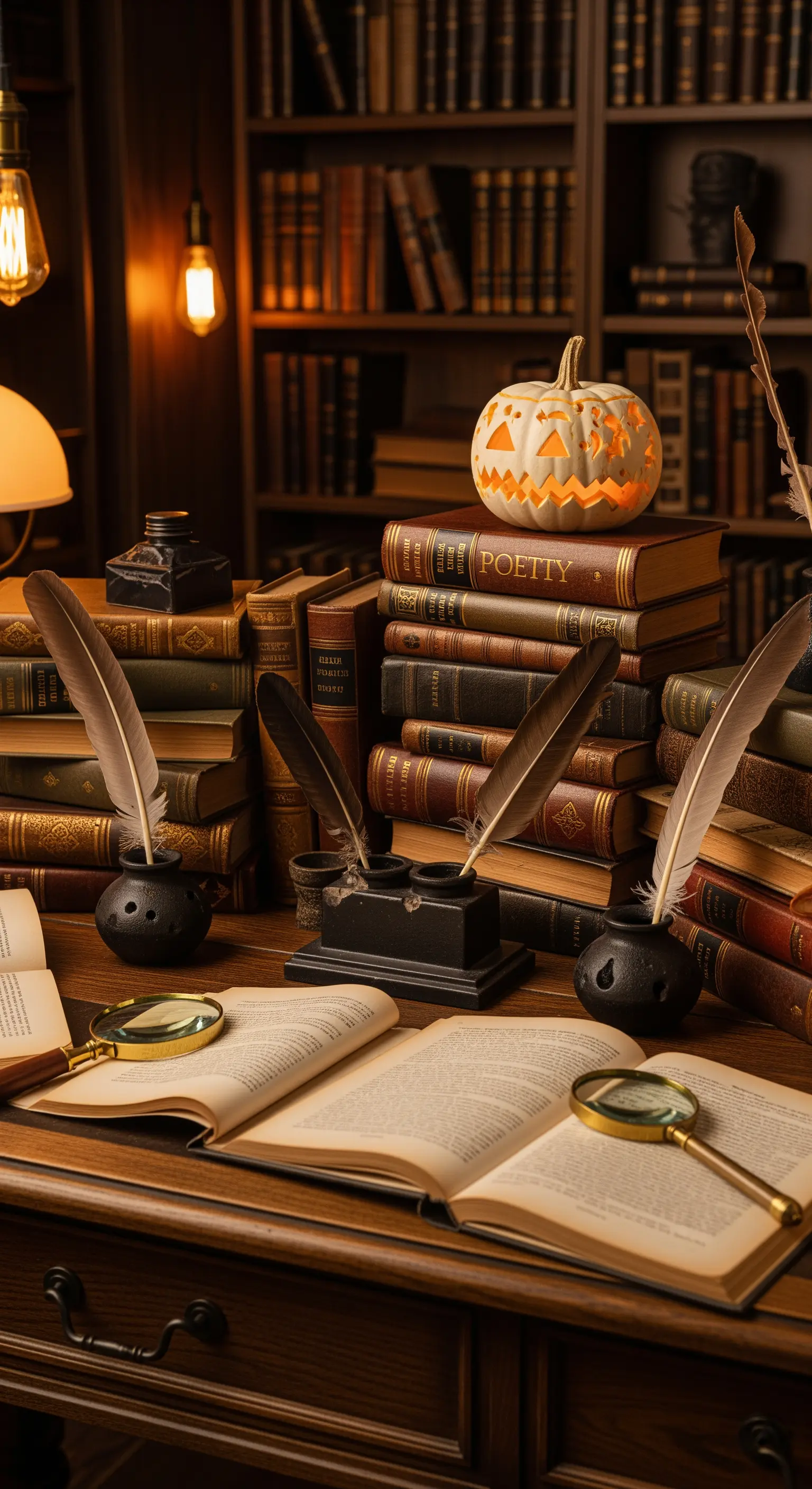 Schreibtisch, Bücher, Federkiele, Kürbis, Lupe, Dark Academia, Halloween.