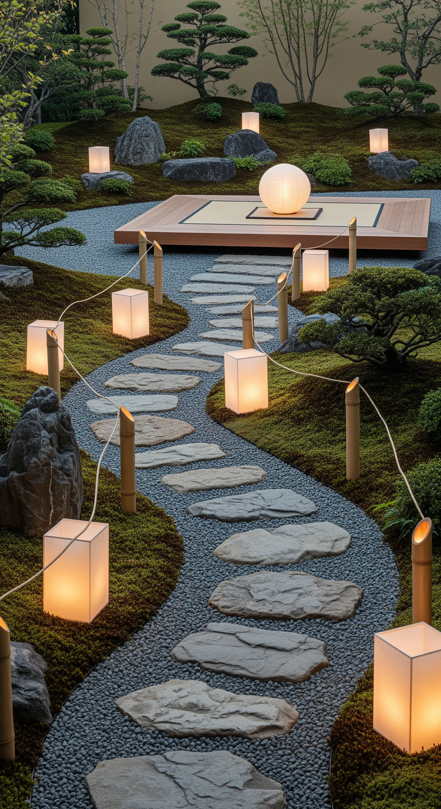 Geschwungener Steinpfad mit kubischen Papierlaternen und Bambuspfosten in einem Zen-Garten