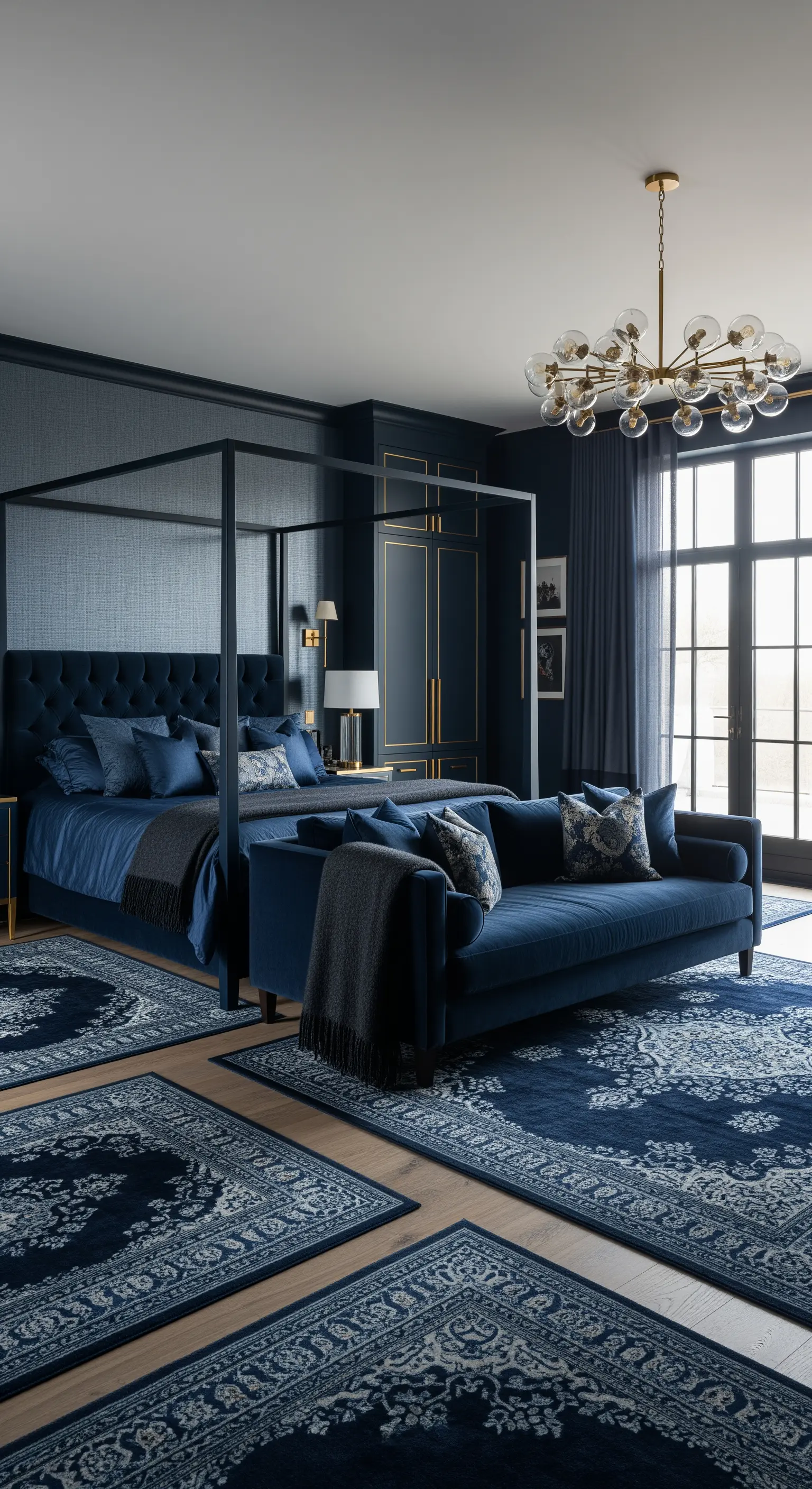 Mehrere gemusterte Teppiche im nachtblauen Schlafzimmer