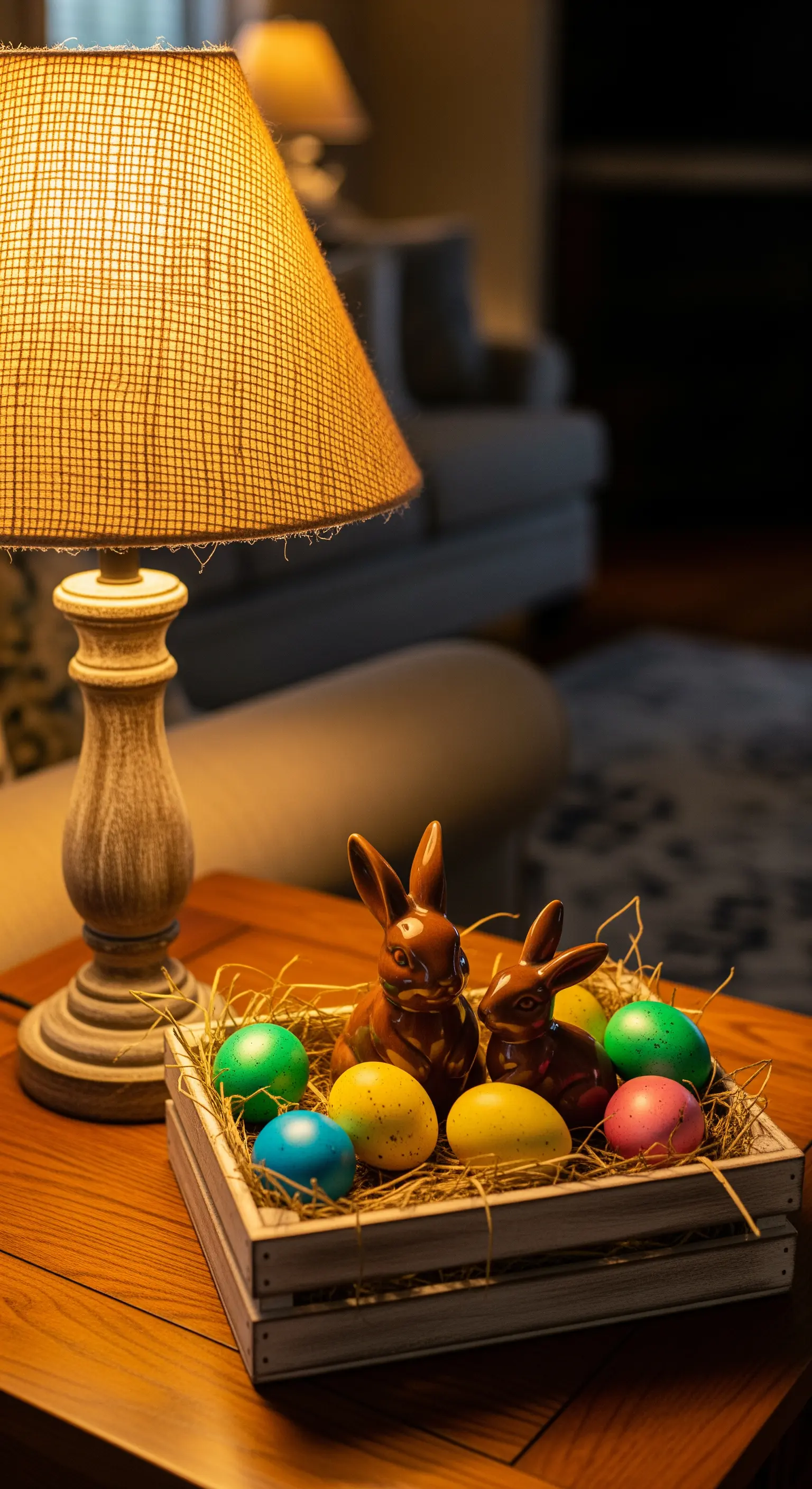 Wohnzimmerecke mit Holzkiste, Schokohasen, bunten Eiern und beleuchteter Lampe.