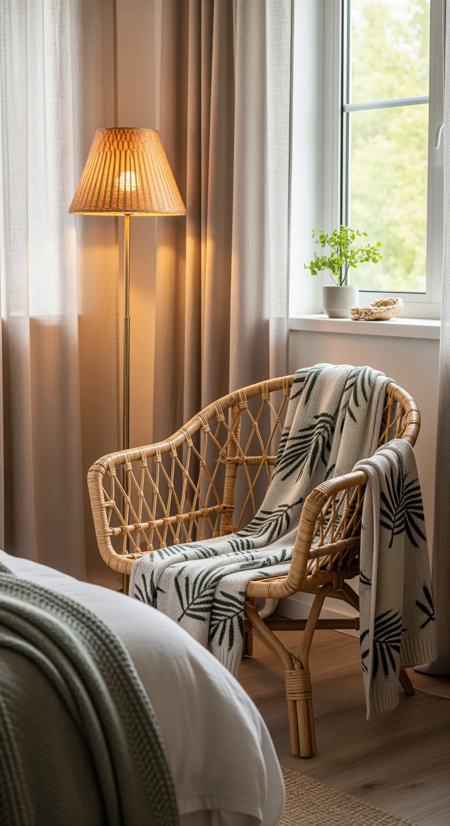 Leseecke mit Rattan-Sessel und gestrickter Palmen-Decke