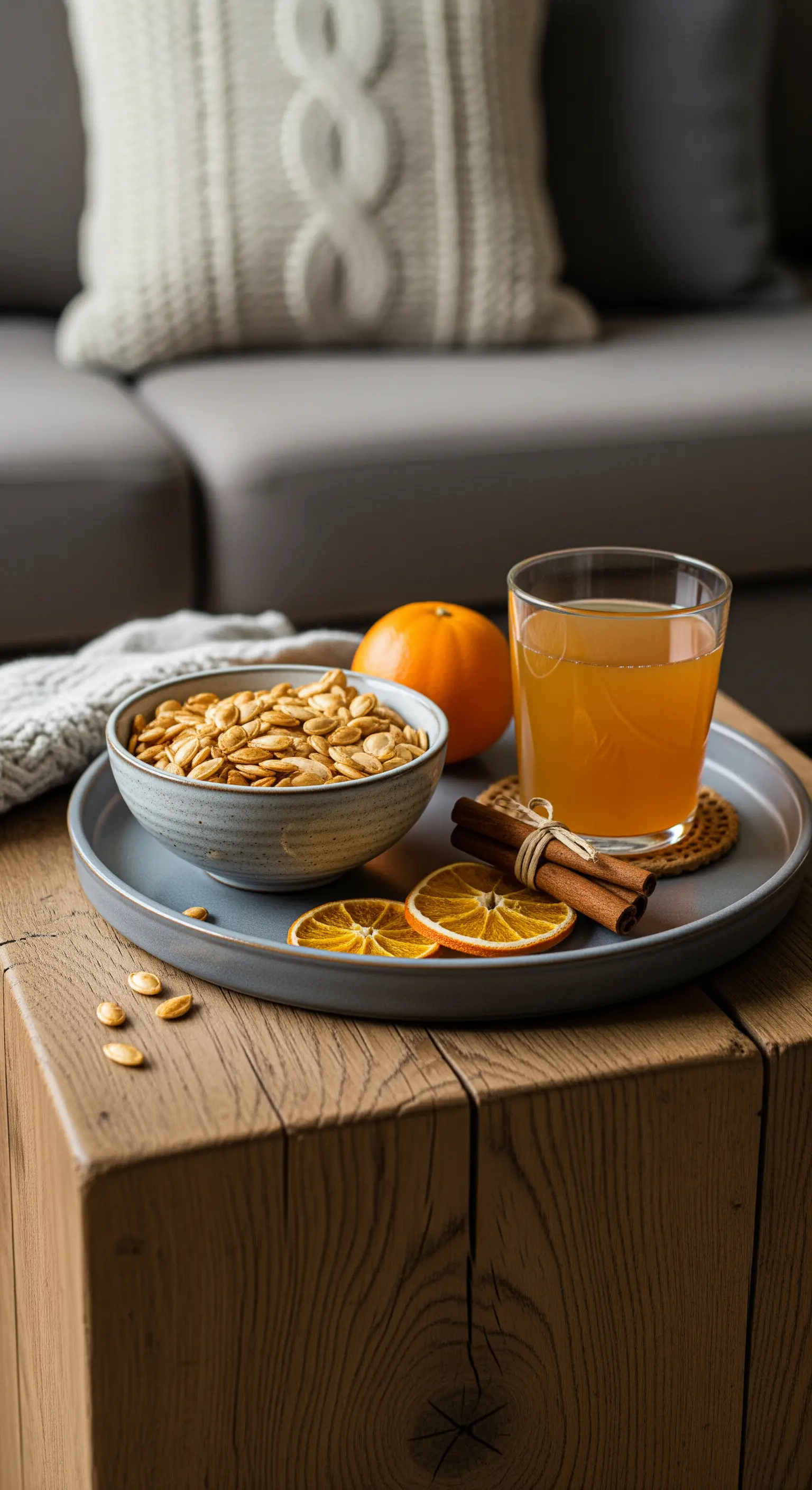 Beistelltisch, Kürbiskerne, Zimtstangen, Orange, Zopfmuster Kissen