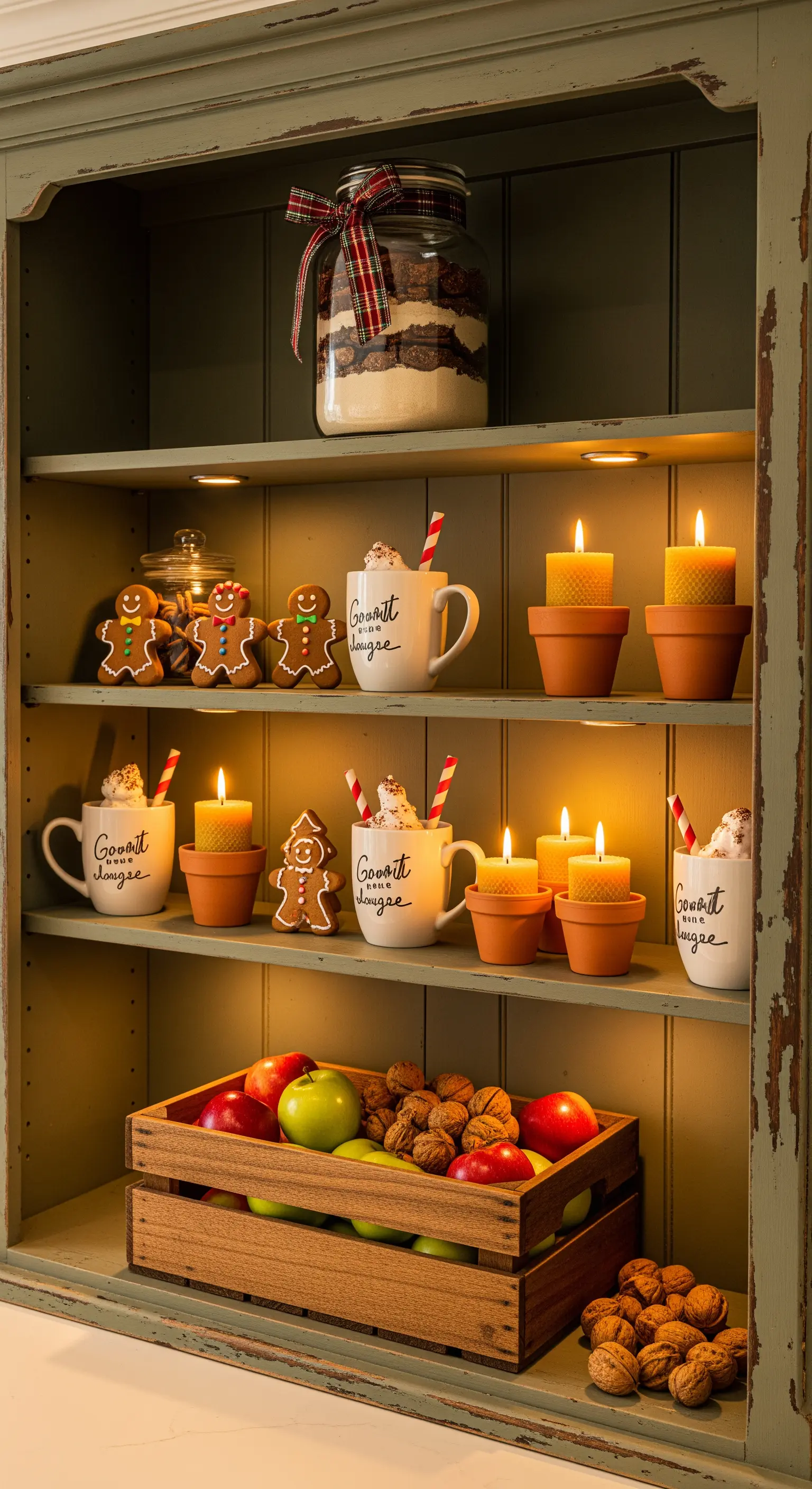 Grünes Küchenregal dekoriert als Keks- und Kakaobar mit Kerzen