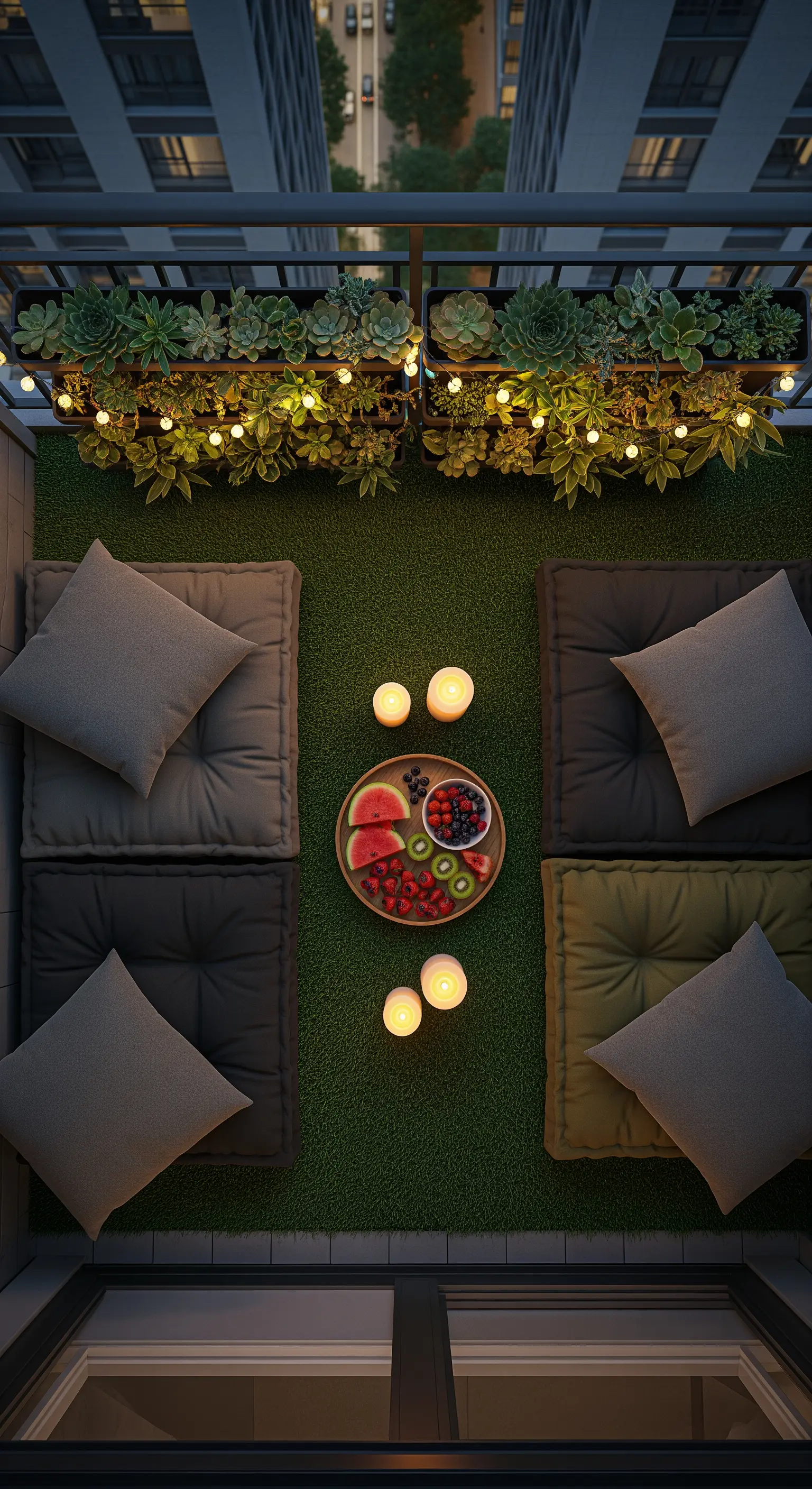 Kleiner Balkon mit Kunstrasen, Bodenkissen, Früchten und Lichterketten