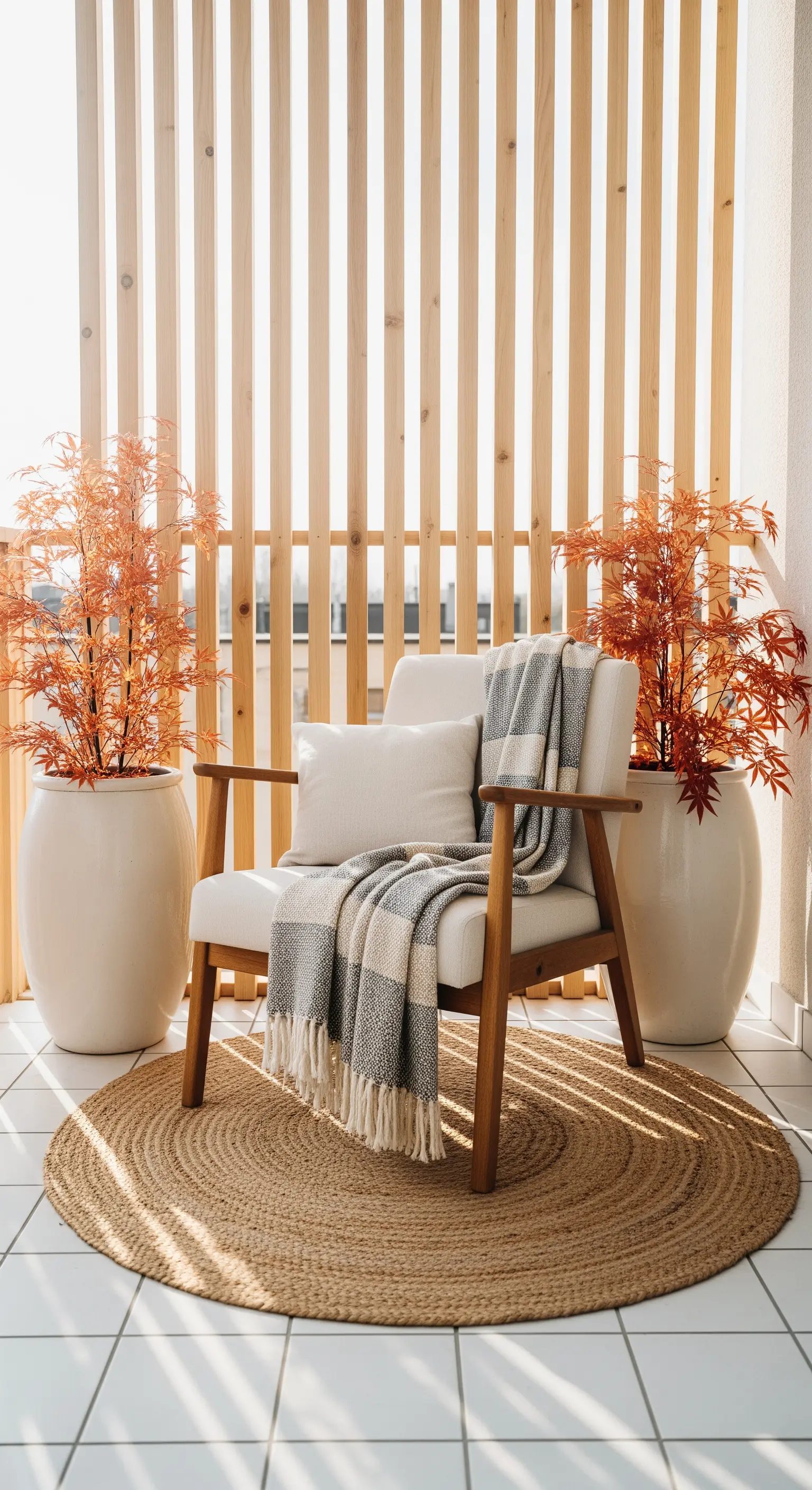 Balkon mit Holzlamellen, Sessel, Kuscheldecke und roten Ahorn-Pflanzen.