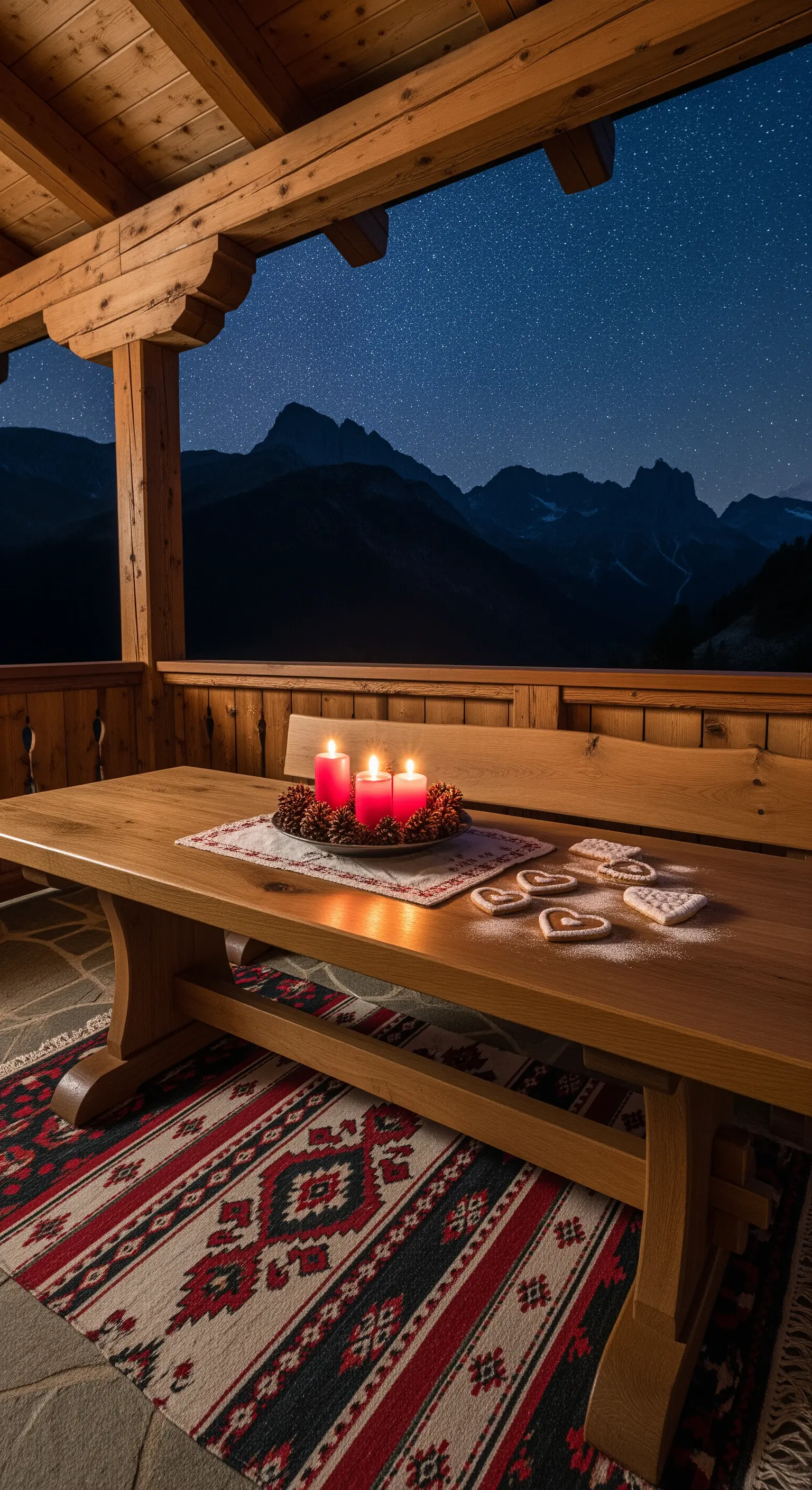 Holzveranda in den Bergen mit Holztisch, roten Kerzen und Herz-Keksen.