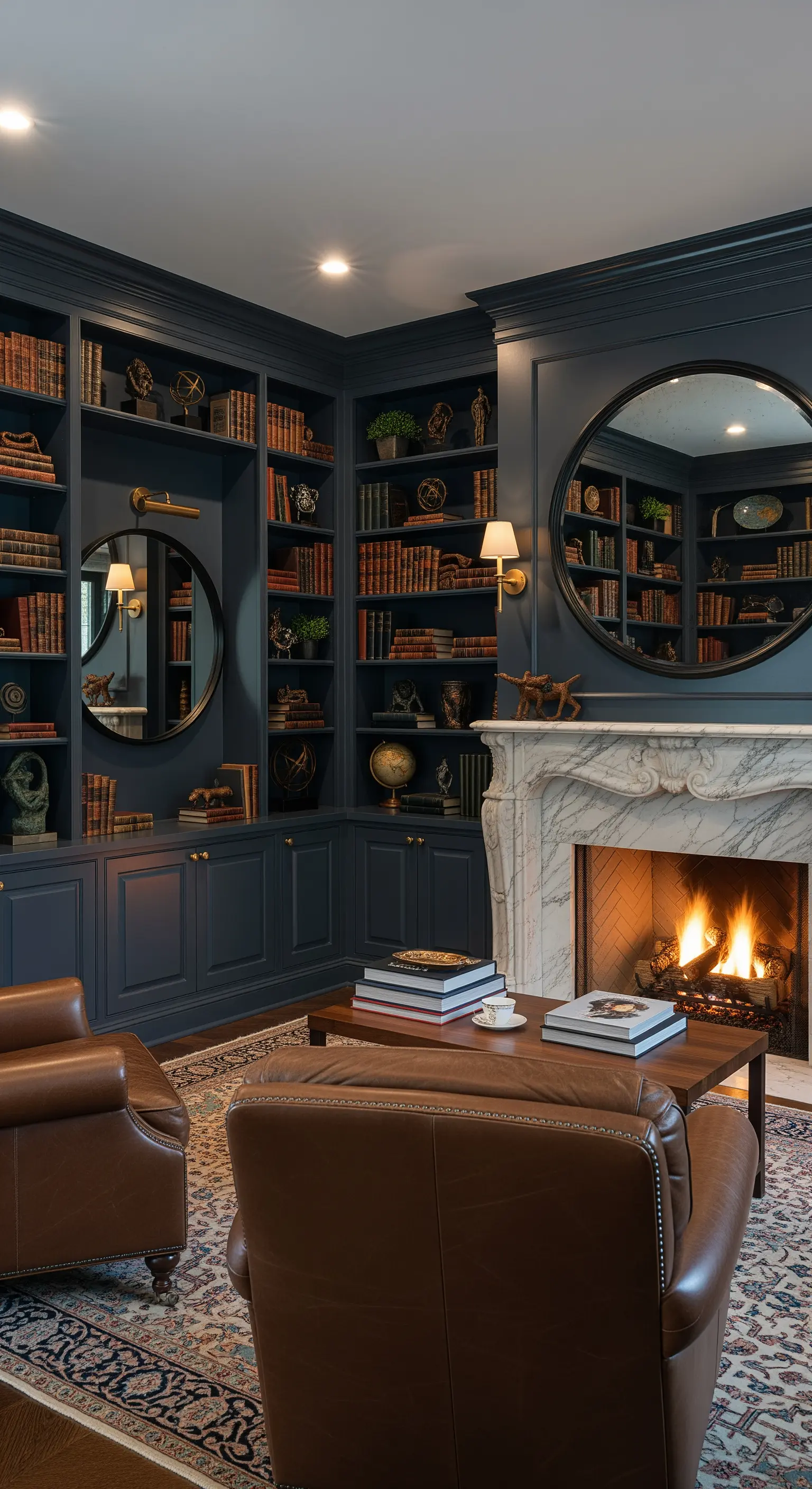 Dunkelblaue Bibliothek mit eingebauten Spiegeln, Kamin und Ledersesseln