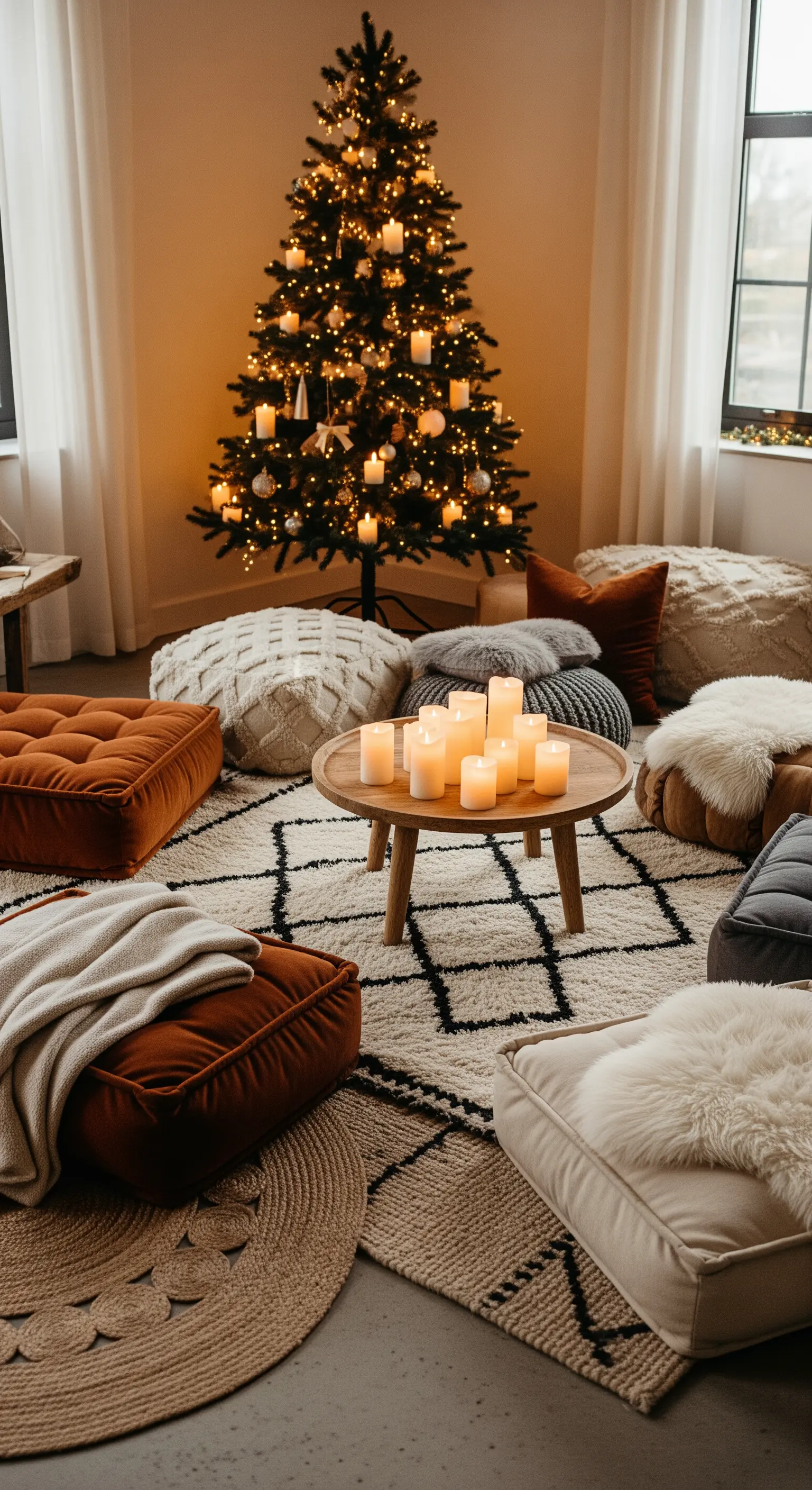 Bodenkissen-Lounge um einen Weihnachtsbaum mit LED-Kerzen auf dem Tisch
