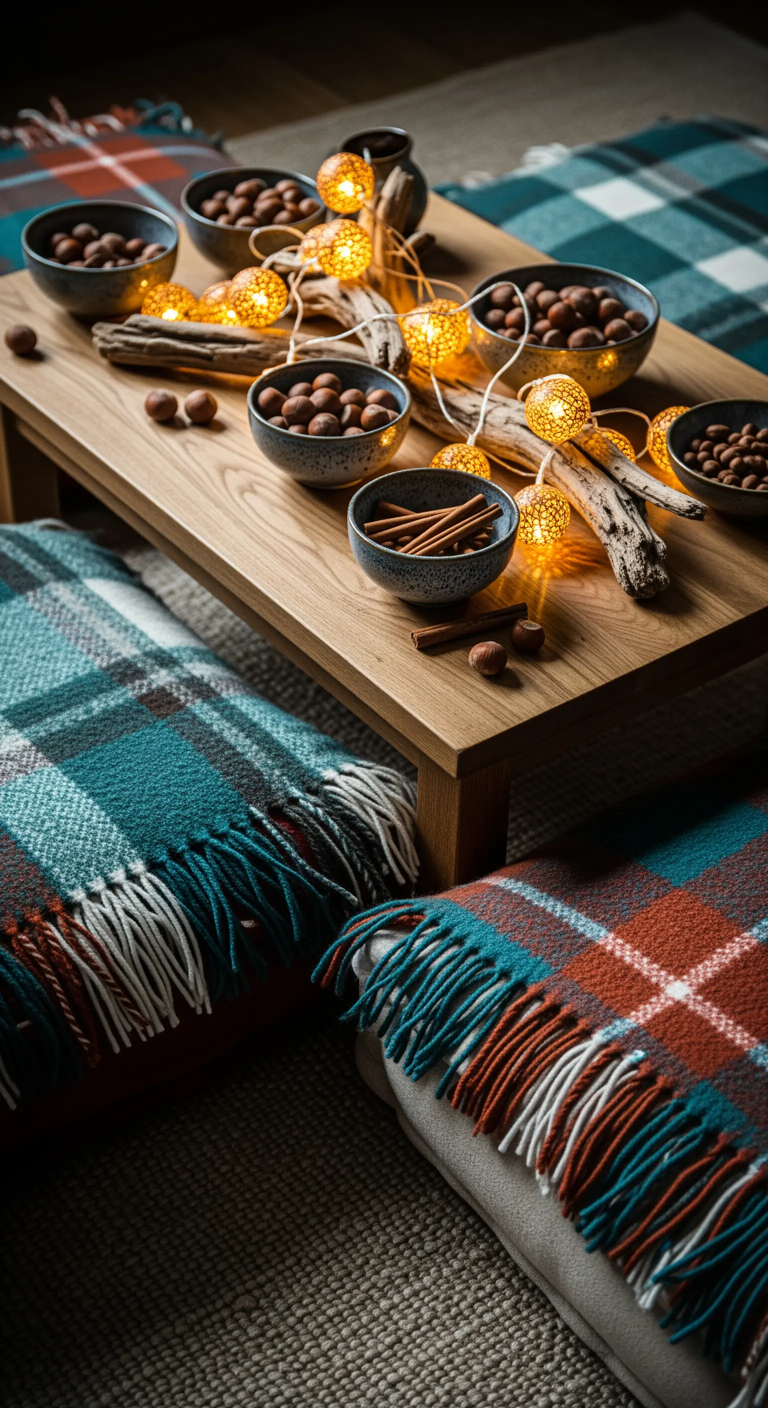 Bodenlounge, niedriger Tisch, Plaids, Lichterketten, Schalen mit Haselnüssen und Zimt.