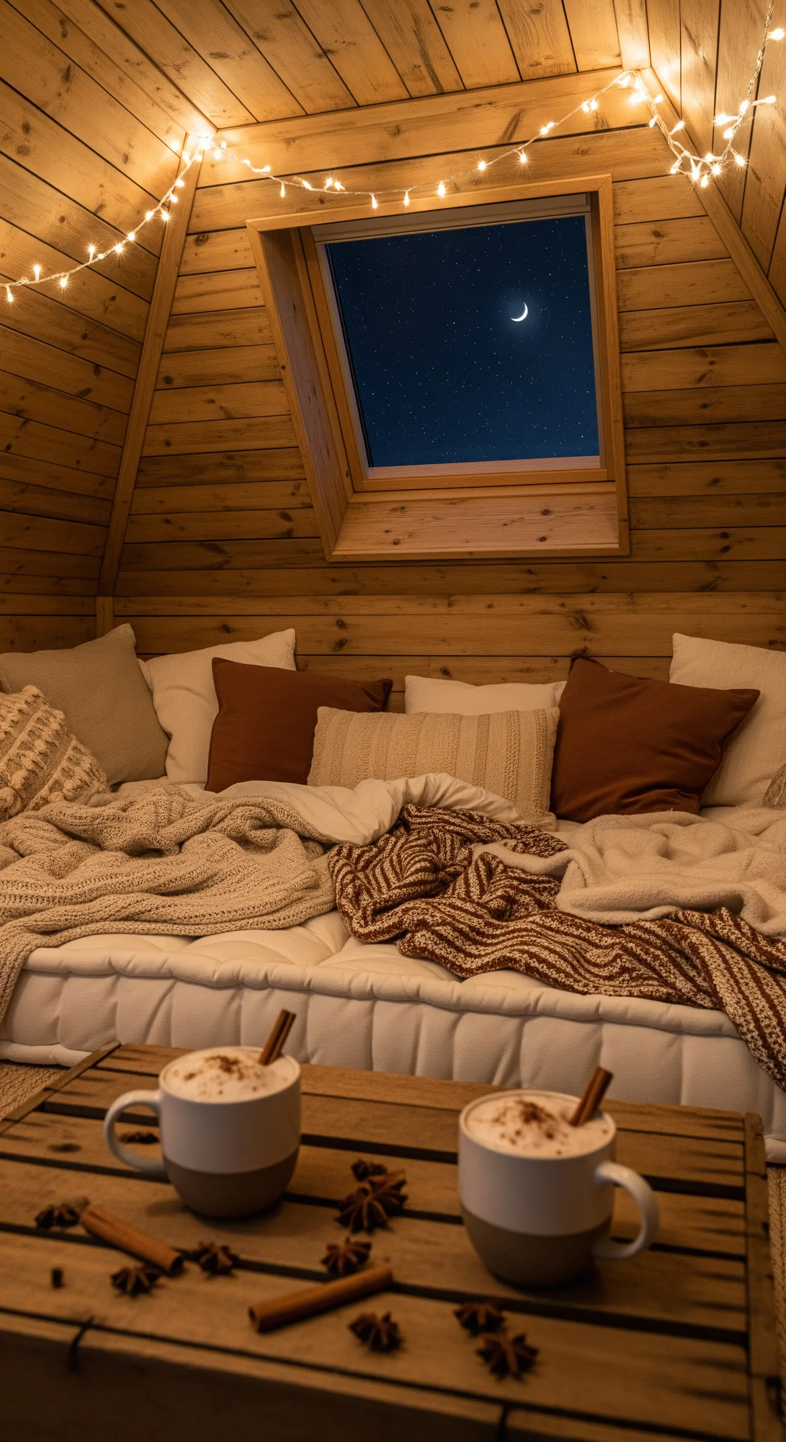 Gemütlicher Dachschrägen-Schlafbereich mit Kissen, Decken, Lichterkette und Kaffee