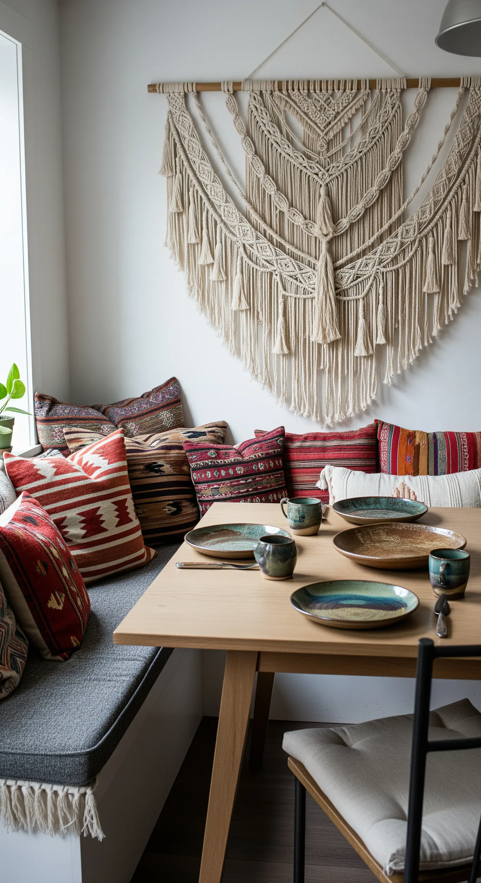Gemütliche Essecke mit vielen Ethno-Kissen und einem großen Makramee-Wandbehang.
