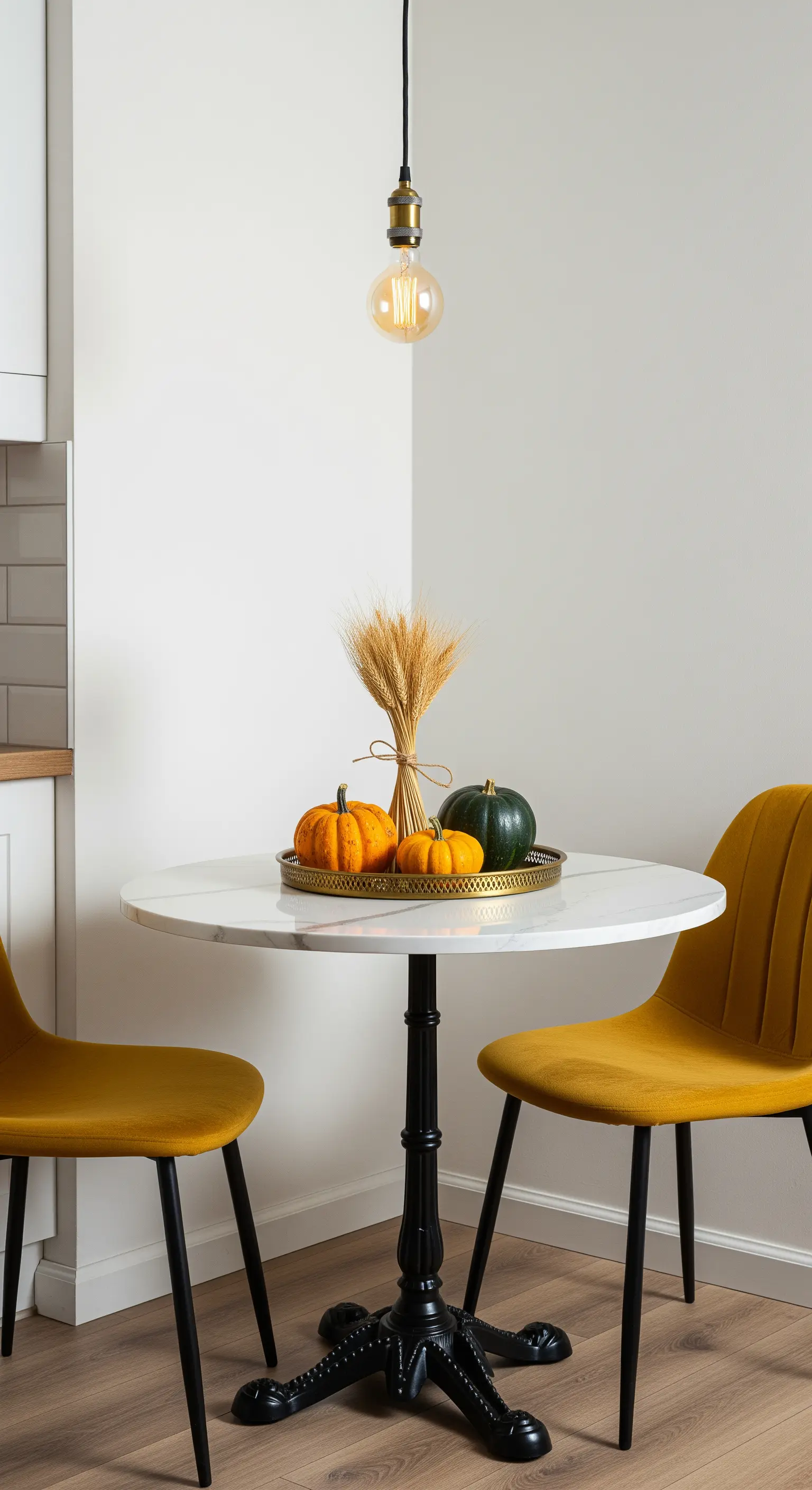 Runde Essecke mit gelben Stühlen, Zierkürbissen, Getreide.