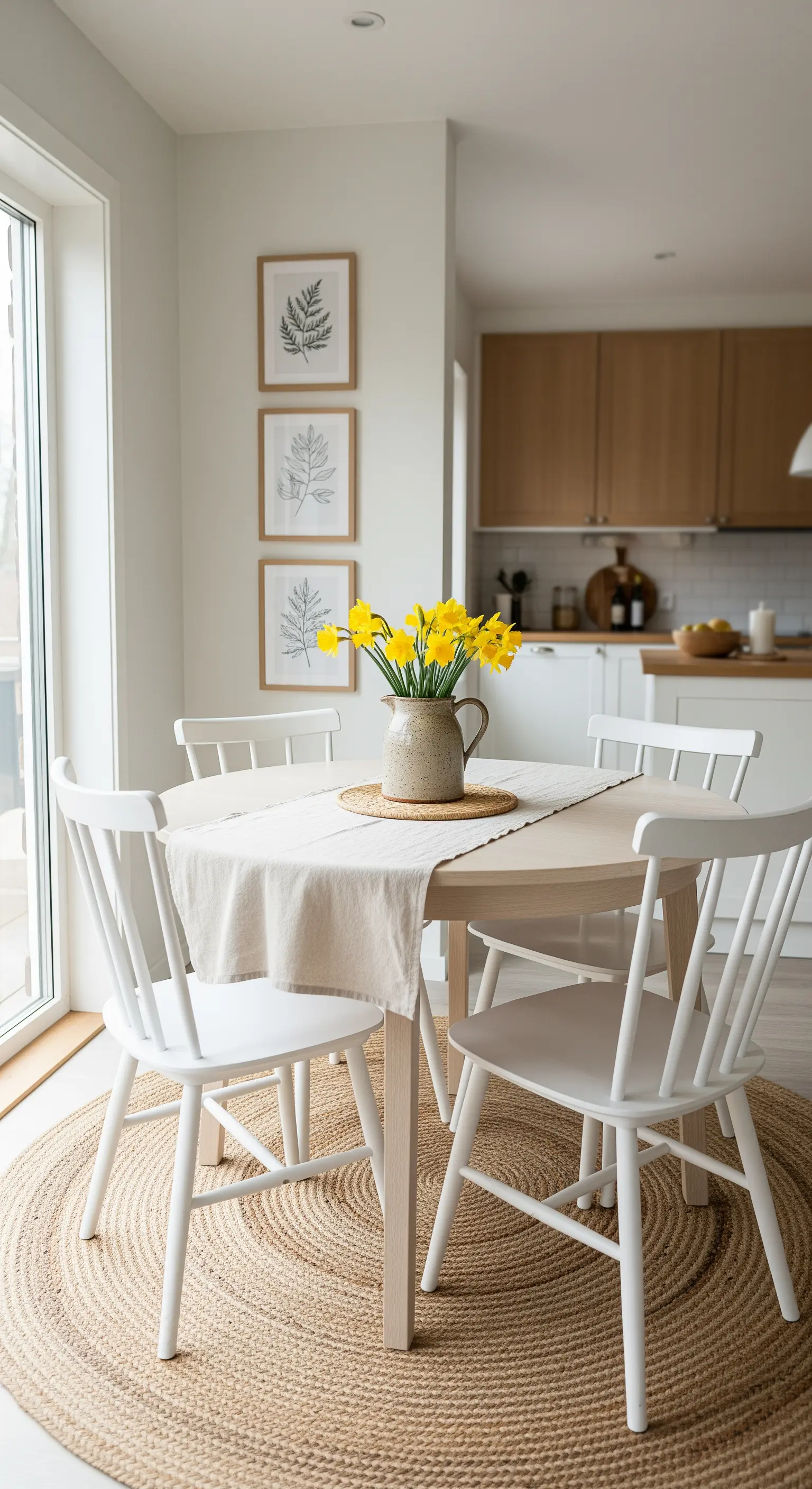 Runder Jute-Teppich unter Esstisch mit Narzissen und botanischen Wandbildern