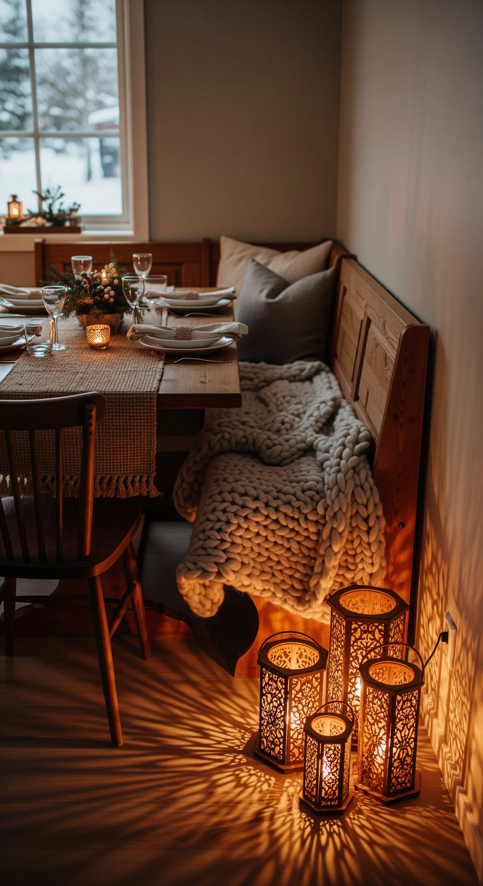 Essecke mit Holzbank, Strickdecke, Laternen mit Schattenwurf und festlicher Tischdeko.