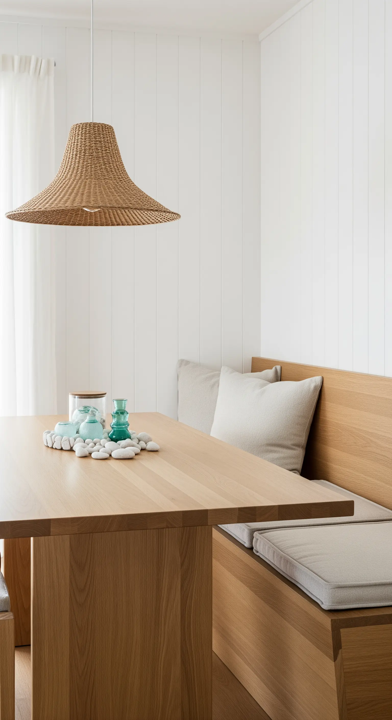 Frühstücksecke, Rattan-Hängeleuchte, Holztisch, Kieselsteine, türkise Vasen