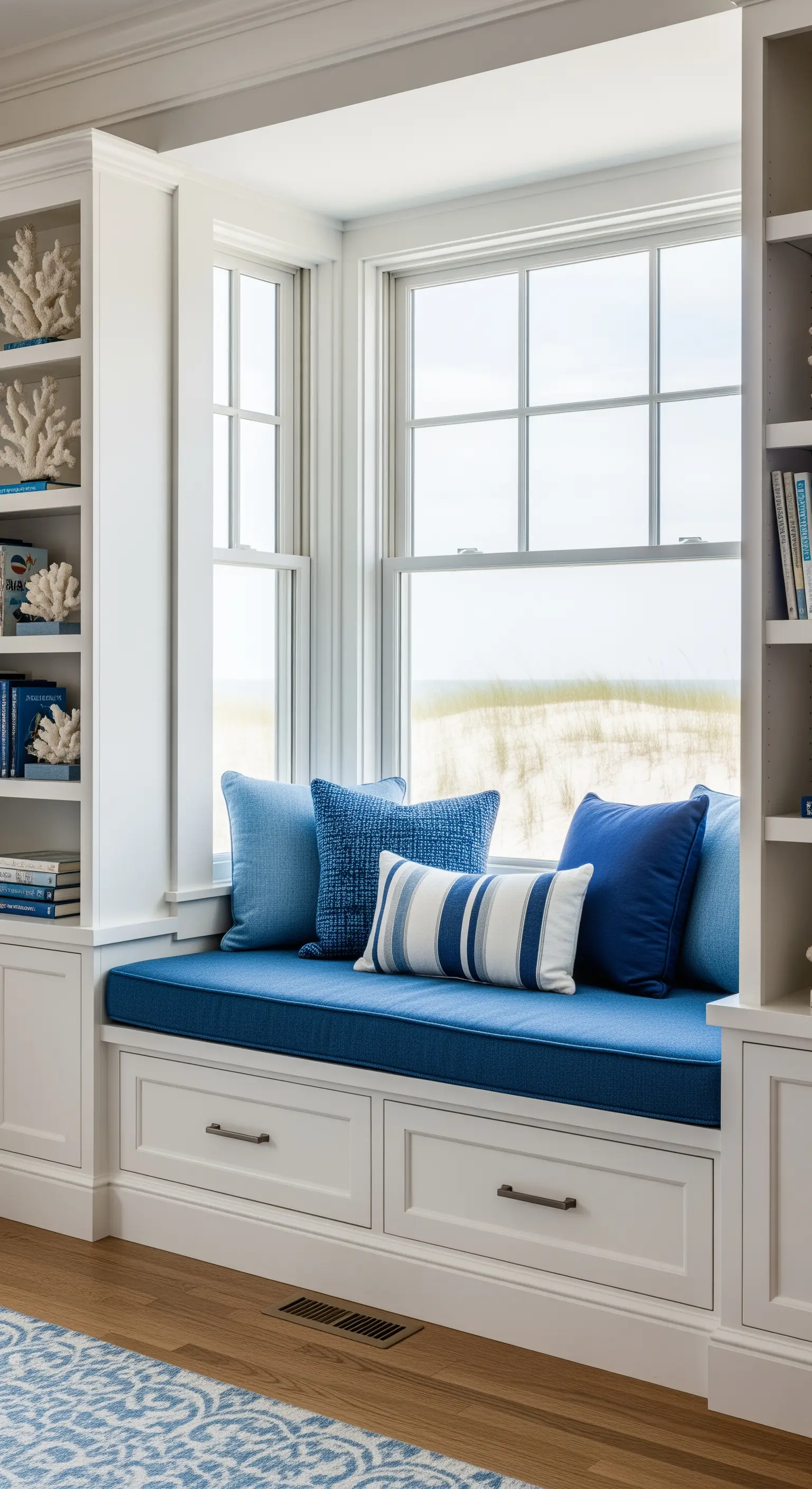 Fensterbank-Sitzbank in Blau mit Kissen und maritimen Regalen