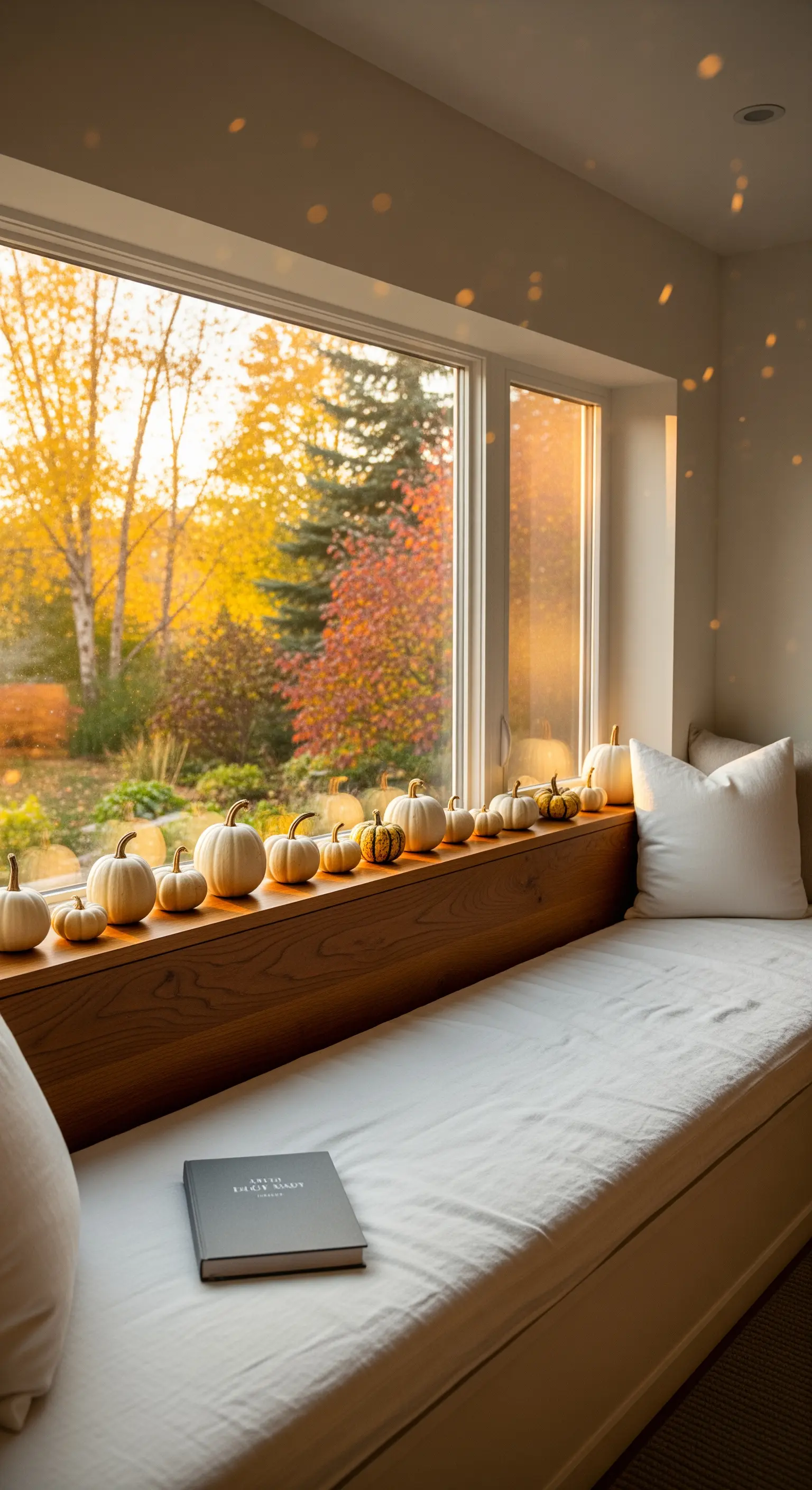 Fensterbank mit einer Reihe weißer Kürbisse und goldenem Sonnenlicht