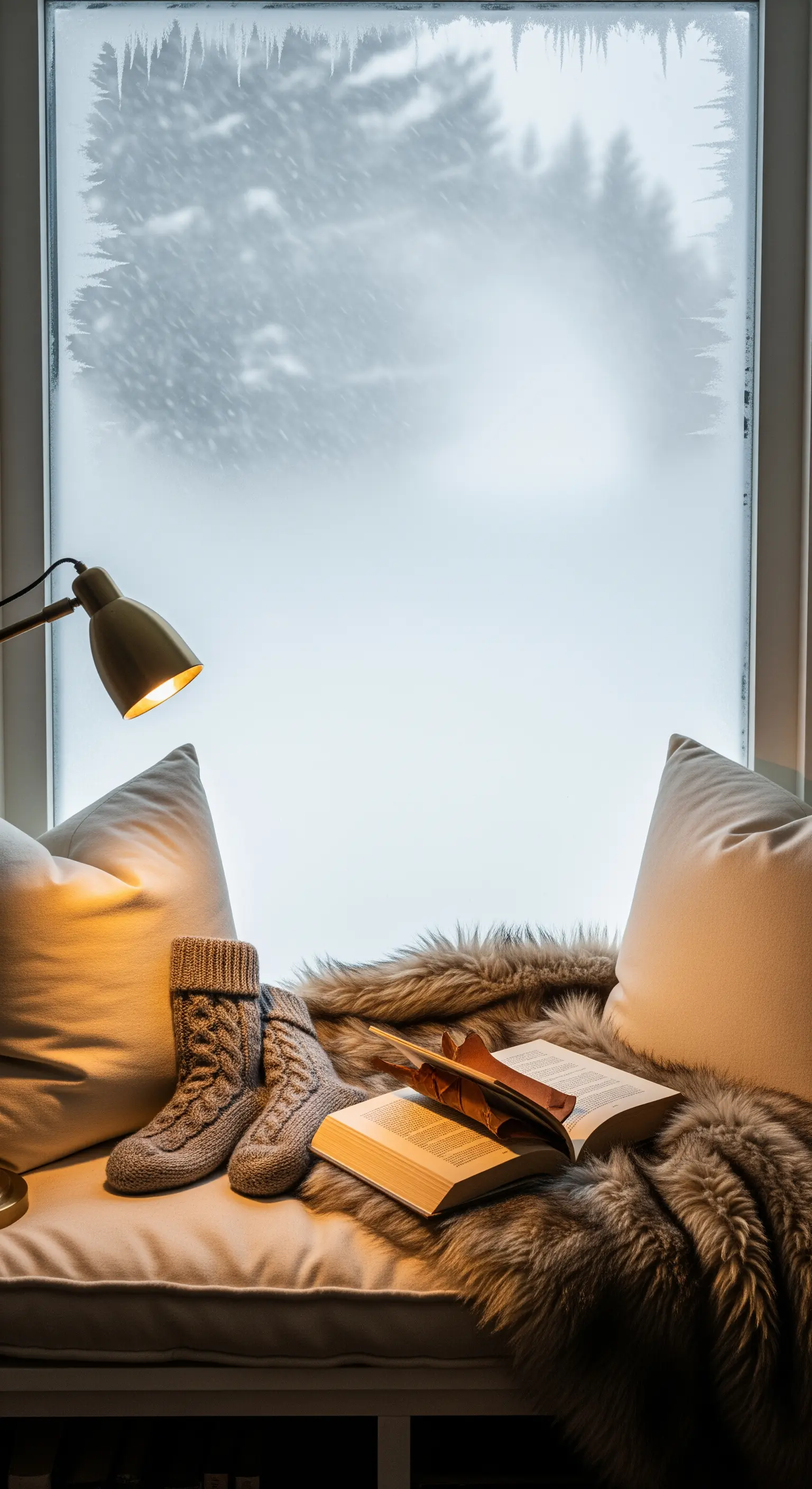 Gemütliche Fensterbank mit Kunstpelzdecke, Strickpantoffeln, Buch und Leselampe vor einem Winterfenster.