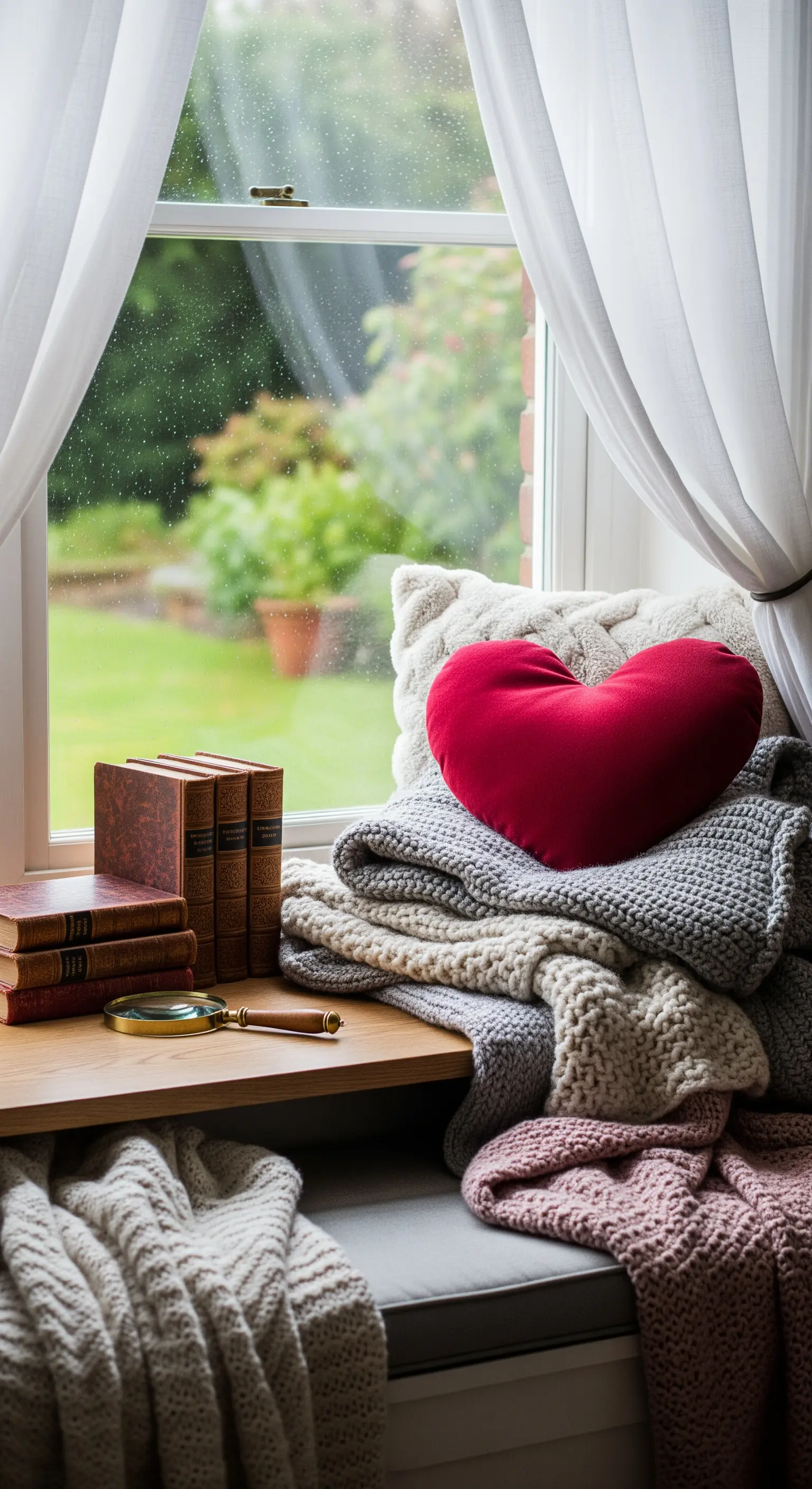 Fensterbank, Herz-Kissen, Bücher, Decken, Leselupen, transparente Vorhänge