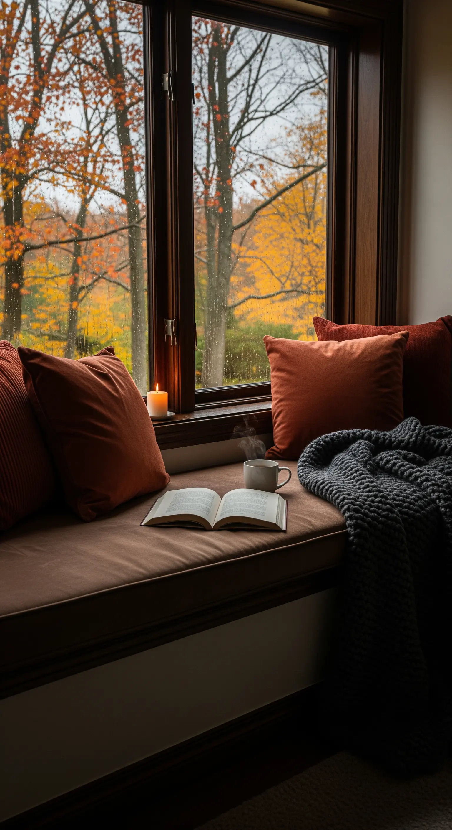 Gemütliche Fensterbank mit Kissen, Decke, Kerze und Buch
