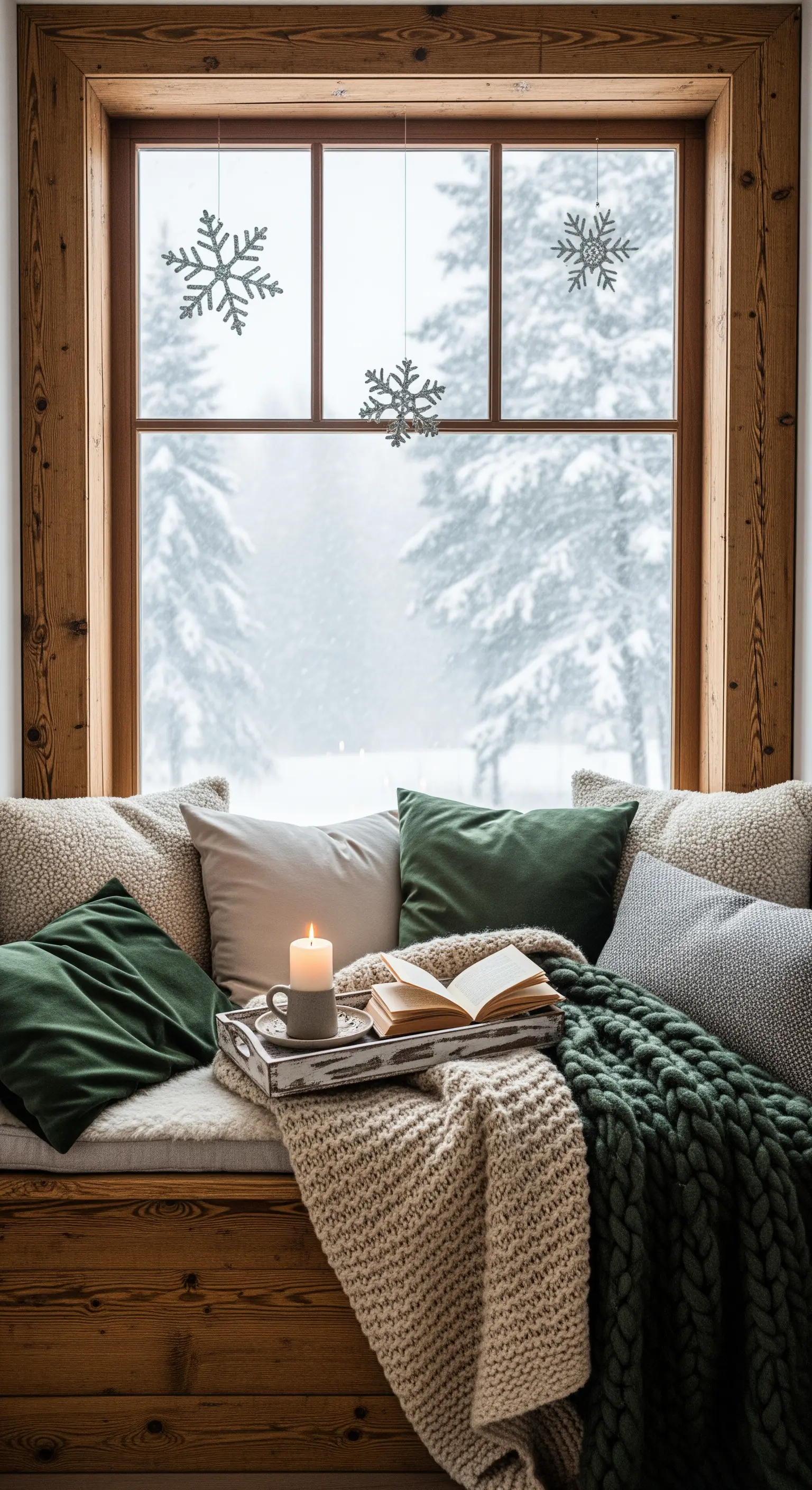 Fensterbank, Kissen, Grobstrickdecke, Kerze, Schneeflocken