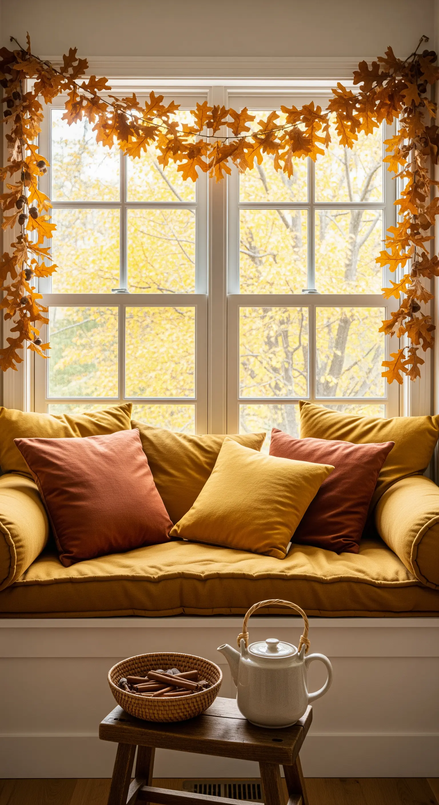 Fensterbank-Sitzbank mit Herbstlaub-Girlande und warmen Kissen