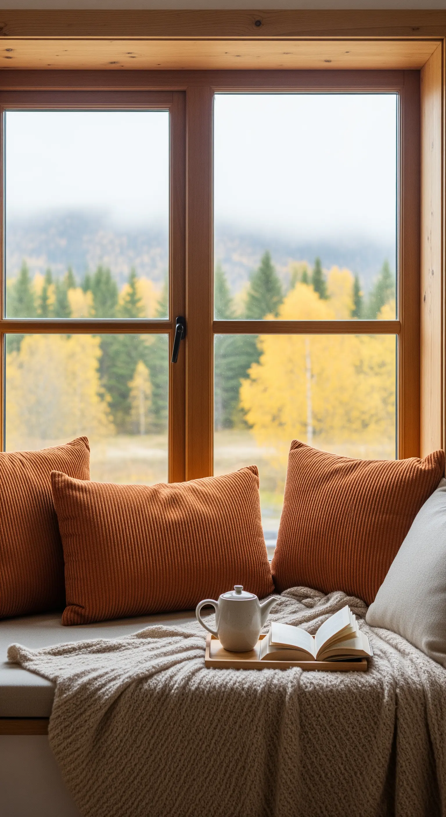 Fensternische, gerippte Kissen, Teekanne, Herbstlandschaft