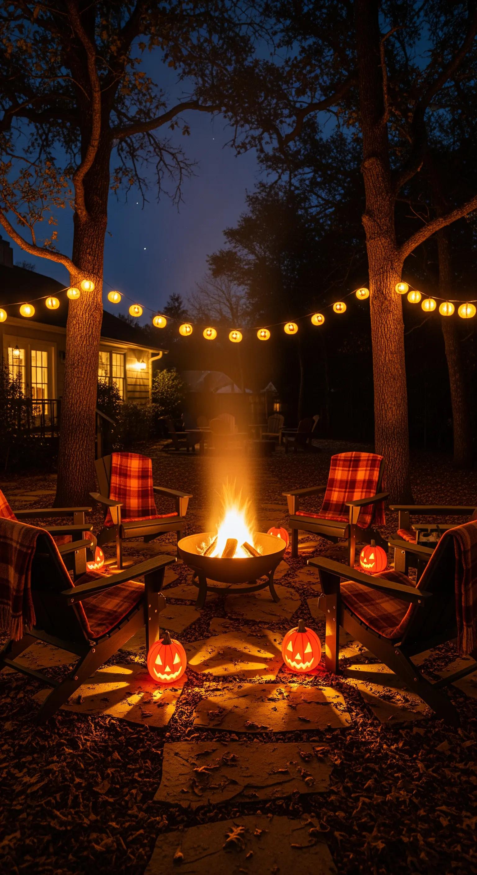Outdoor Halloween Feuerstelle mit Kürbis-Lichterketten, bequemen Stühlen und leuchtenden Kürbissen