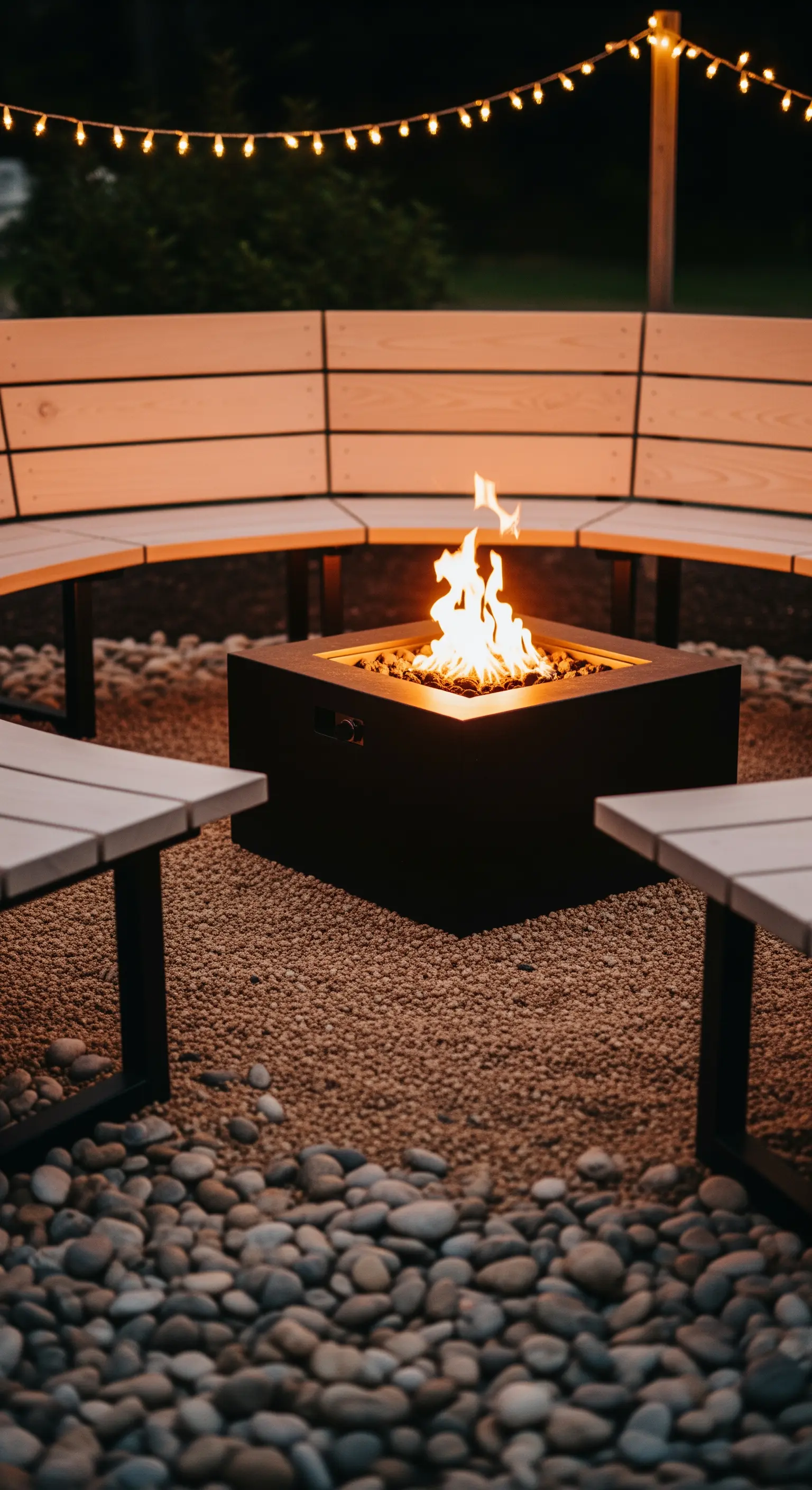 Feuerstelle mit runder Holzbank und Lichterketten im Japandi Garten