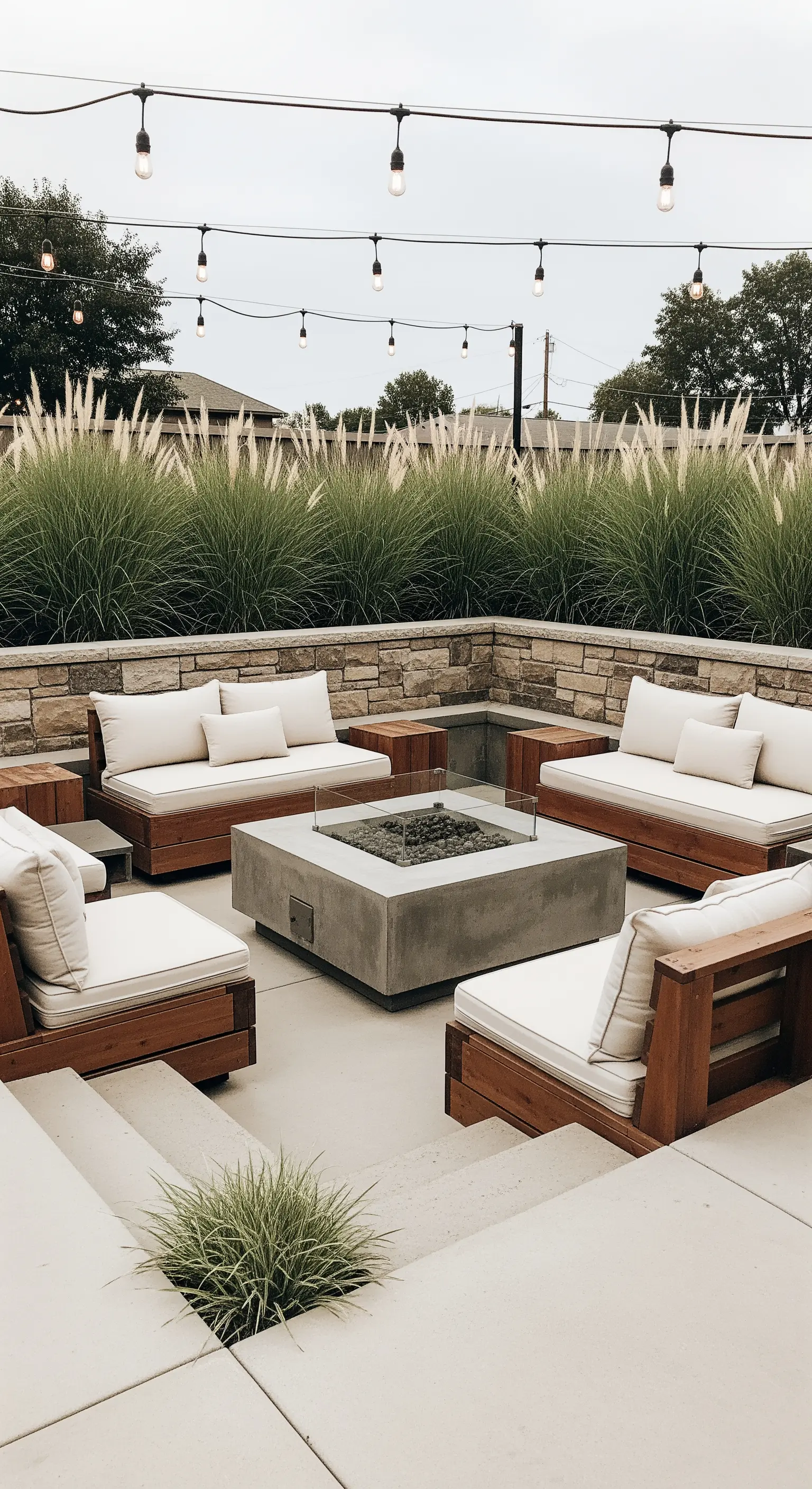 Japandi Feuerstelle mit Naturstein und Lounge-Möbeln