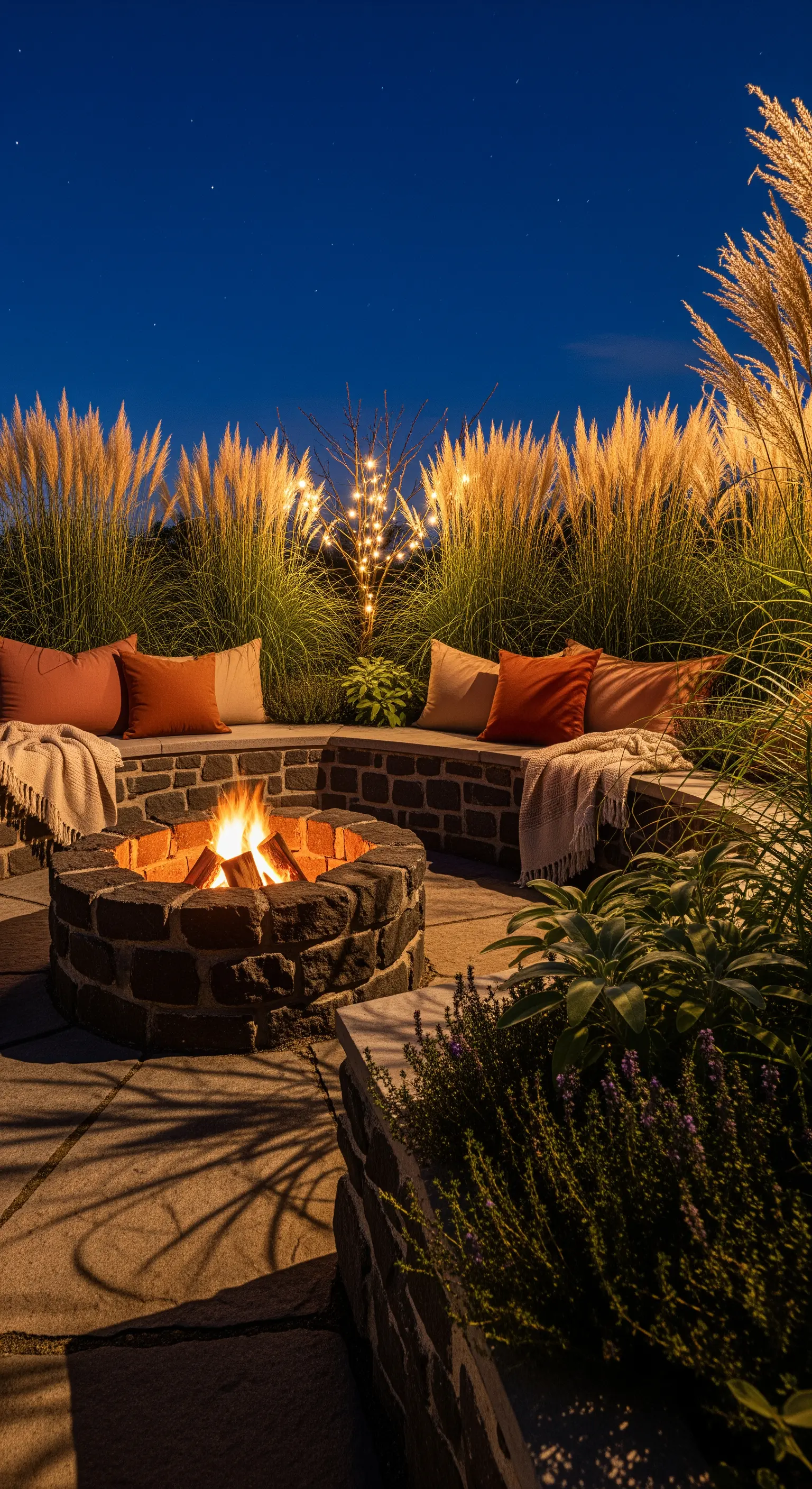 Feuerstelle mit Sitzbank, Pampasgras und warmen Kissen bei Nacht