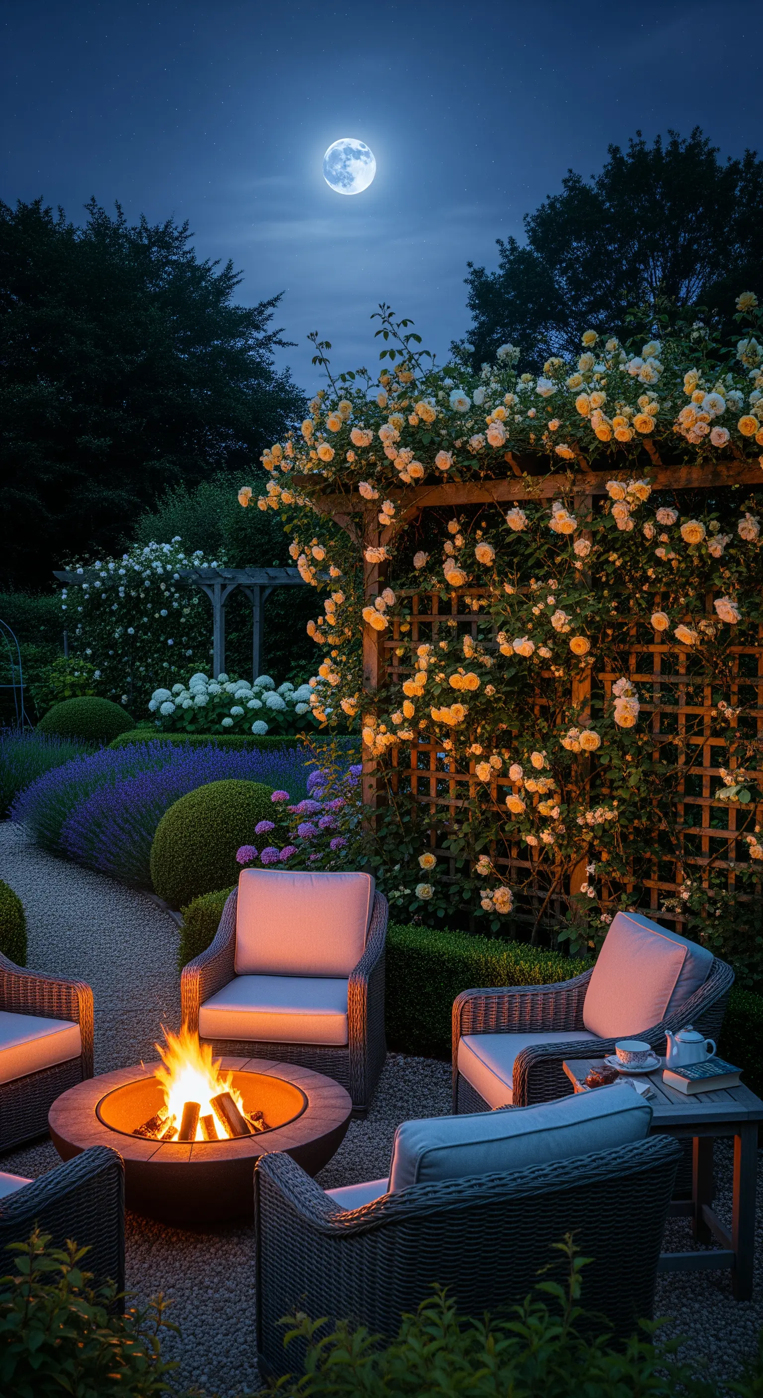 Outdoor-Lounge mit Feuerschale, Korbsesseln, gelbem Rosenpergola unter Mondlicht.