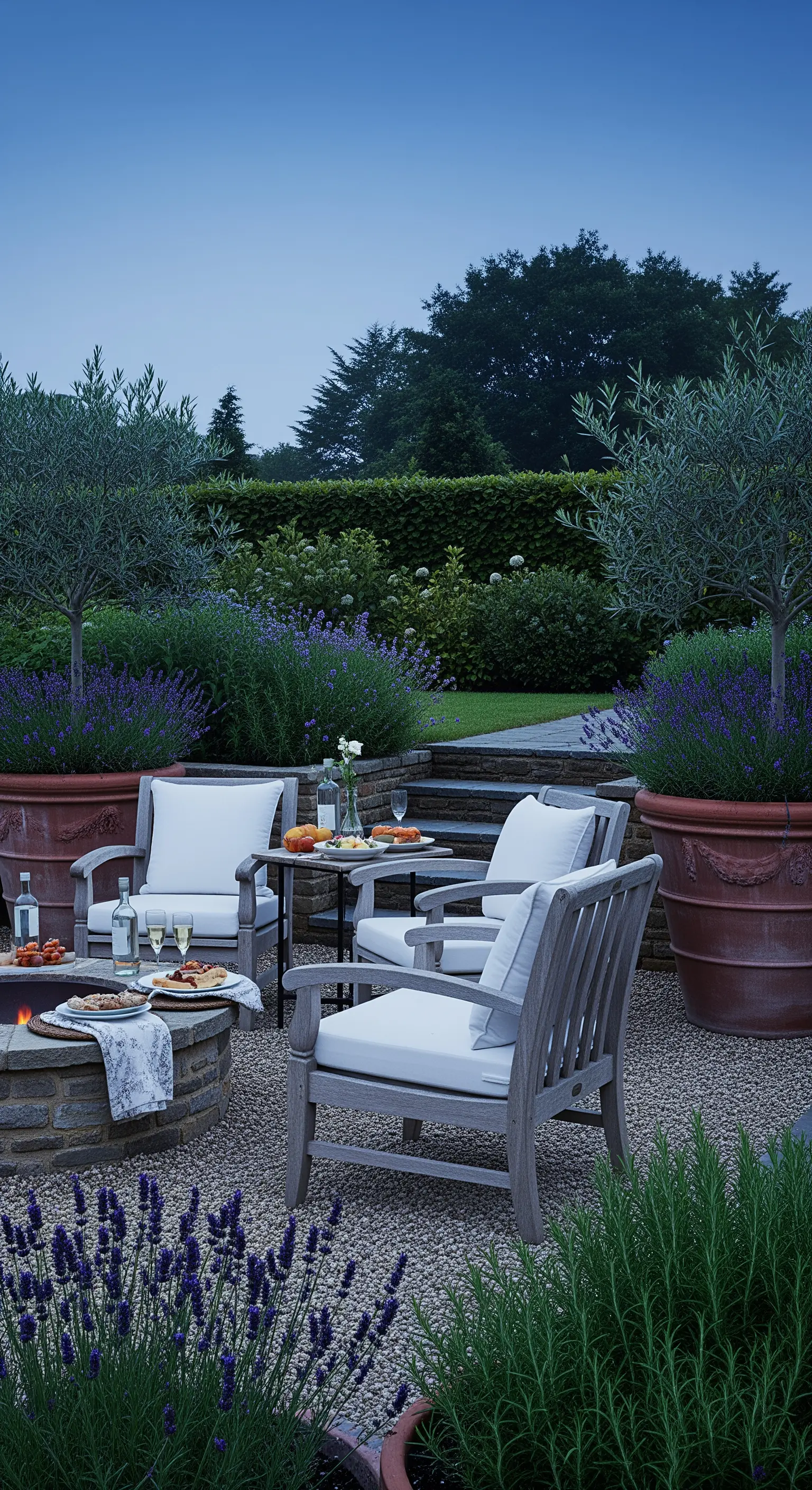 Sitzgruppe mit Holzstühlen, Feuerstelle, Olivenbäumen und Lavendel.