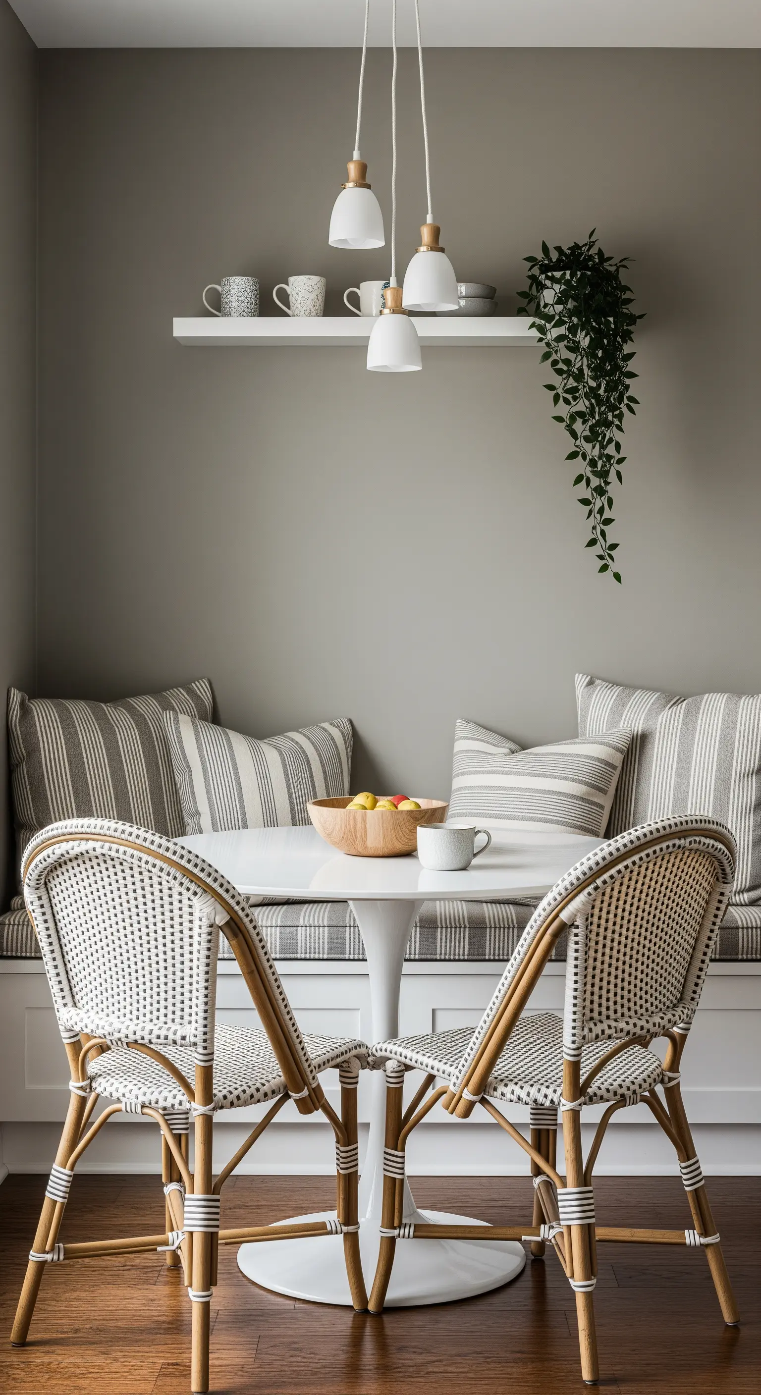 Frühstücksecke mit gepolsterter Sitzbank und französischen Bistro-Stühlen aus Rattan.