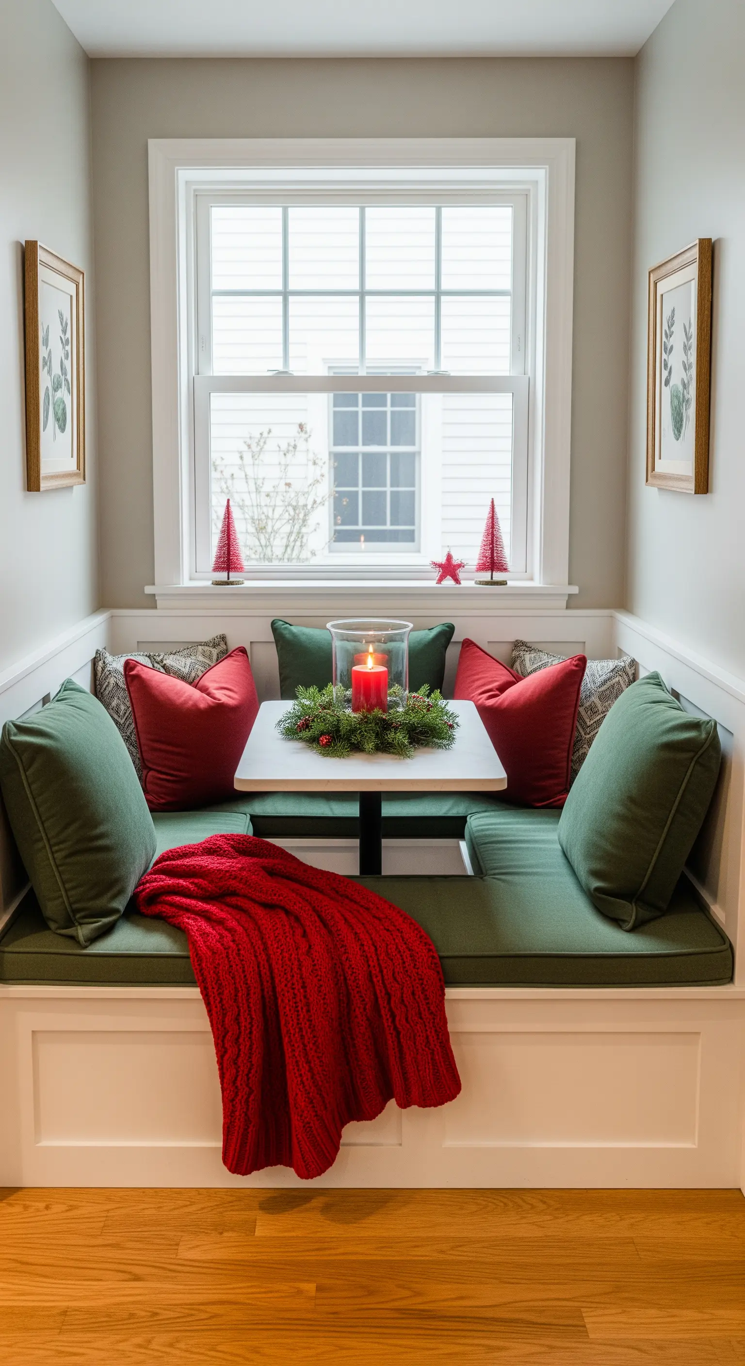 Frühstücksecke mit grünen Polstern, roten Kissen und Weihnachtstischdeko.