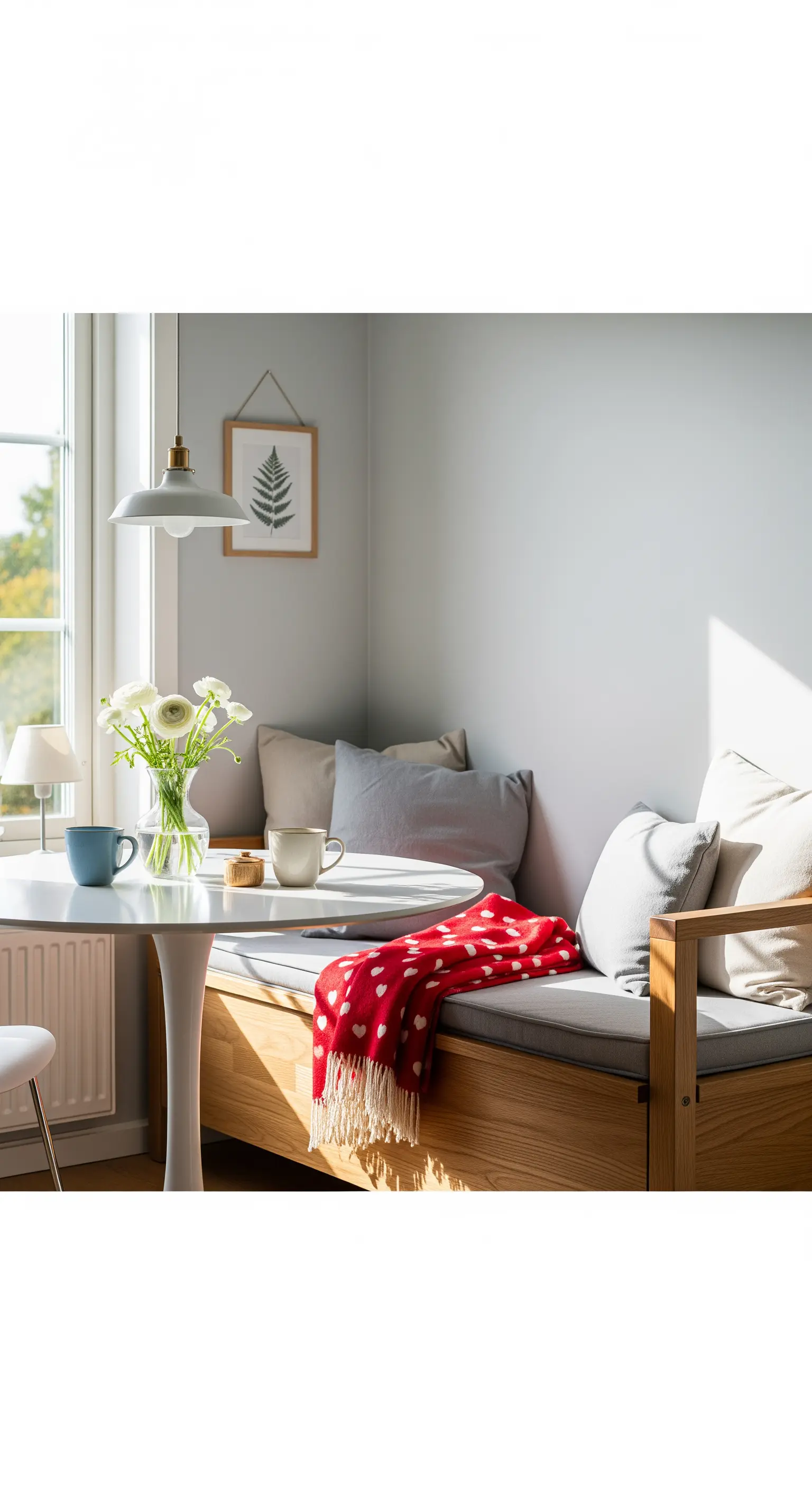 Frühstücksecke mit Holzbank, Herzdecke, rundem Tisch, Ranunkeln und Tassen.