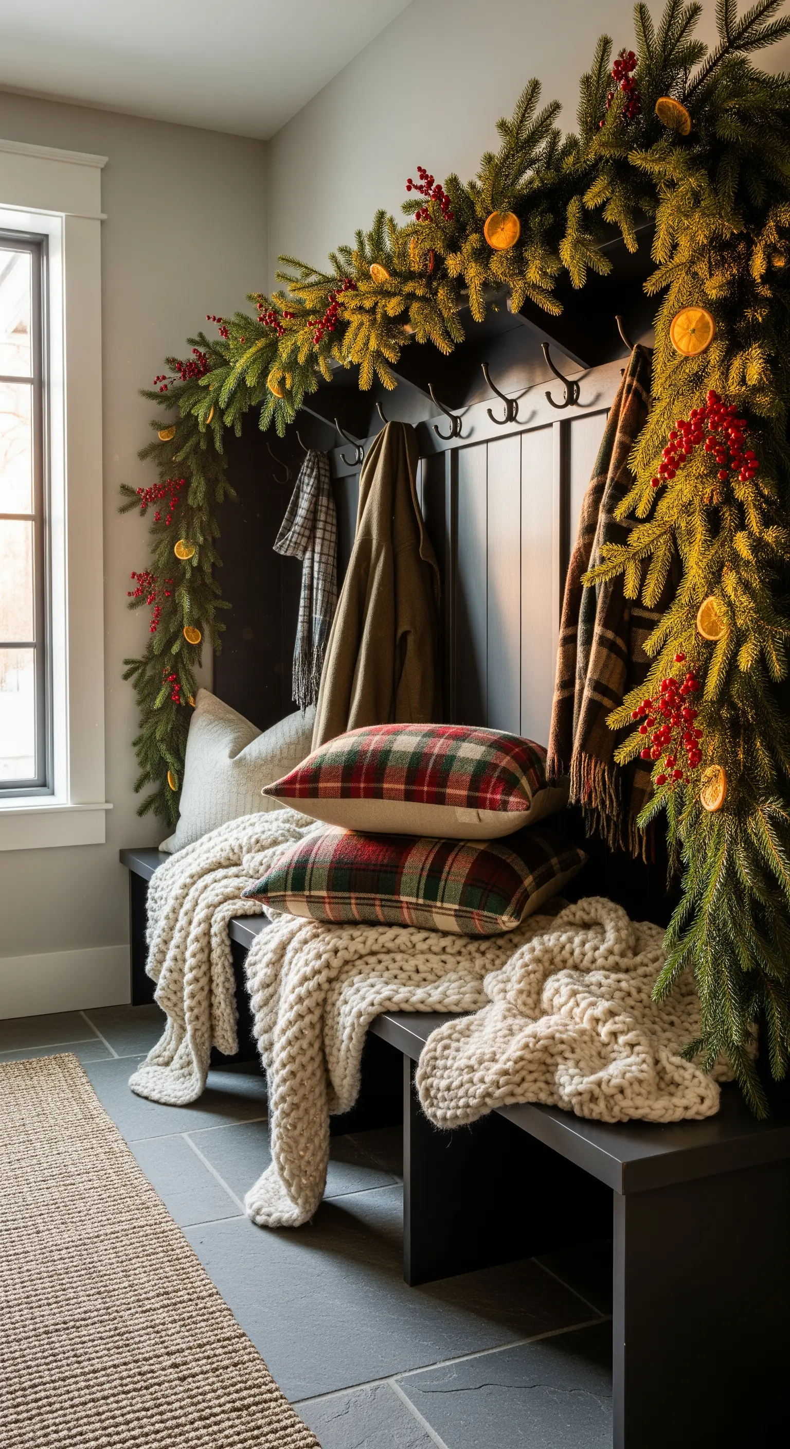 Garderobenbank mit Tannengirlande, Orangenscheiben, Beeren und kuscheligen Textilien.