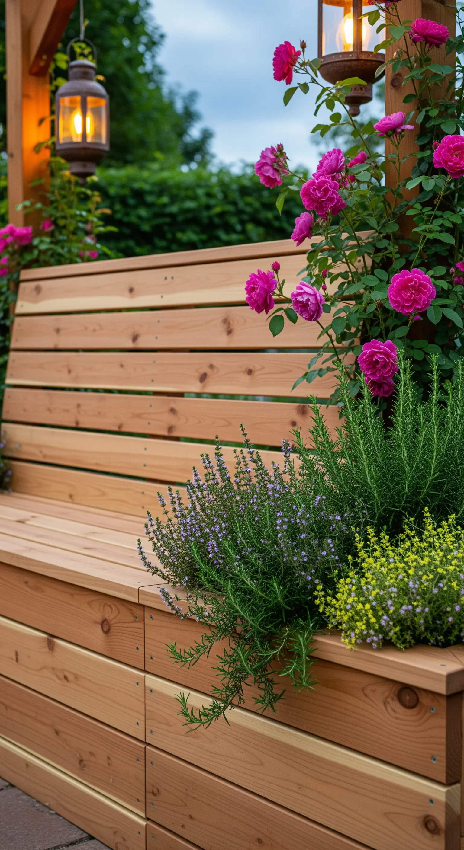 Holzbank, integrierte Hochbeete, pinke Rosen, Rosmarin, Laternen.