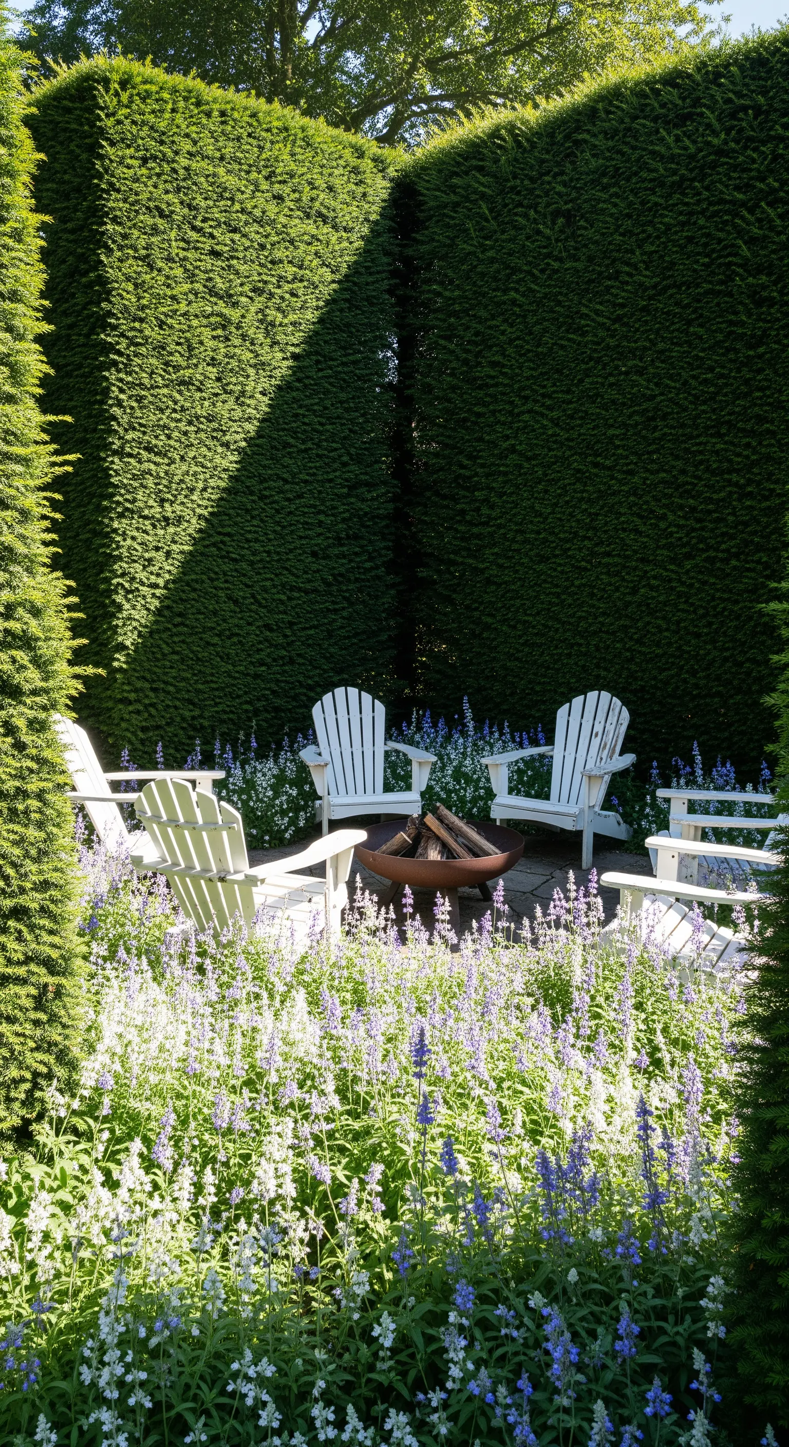 Weiße Adirondack-Stühle um eine Feuerschale, umgeben von Hecken und blauen Blüten