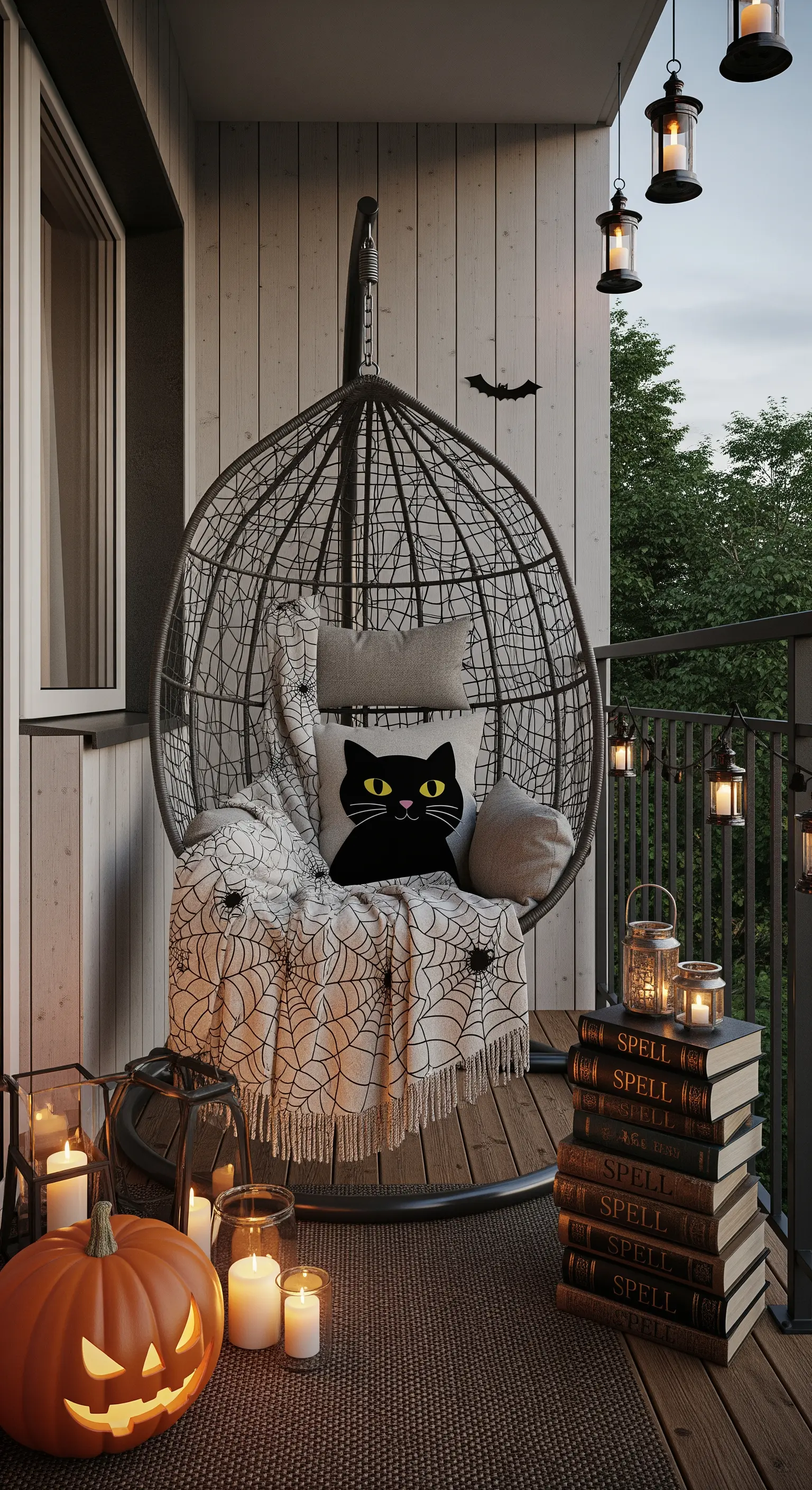 Balkon-Lounge mit Hängesessel, Spinnennetz-Decke, Katzenkissen, Büchern und zahlreichen Kerzen in Laternen.