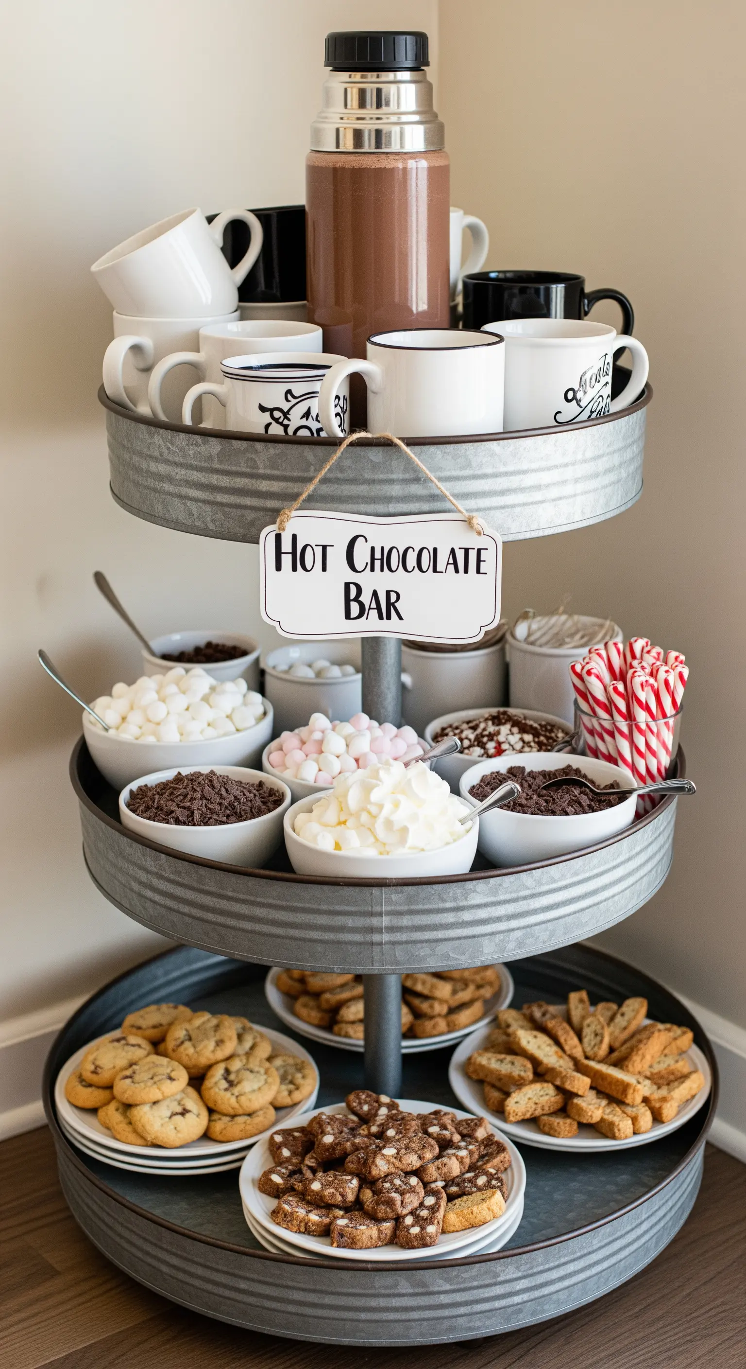 Etagere aus Zink als Hot-Chocolate-Bar mit Tassen, Toppings und Keksen.