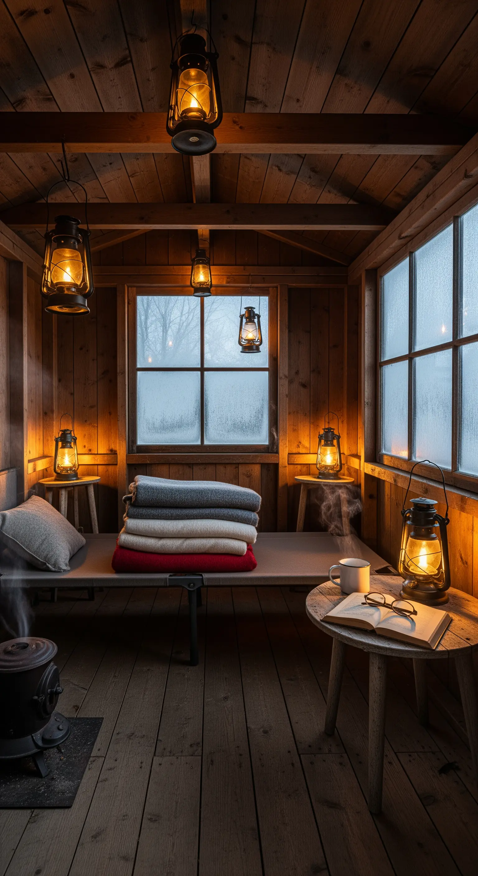 Holzhütte, Öllaternen, Stapel Decken, Holzofen