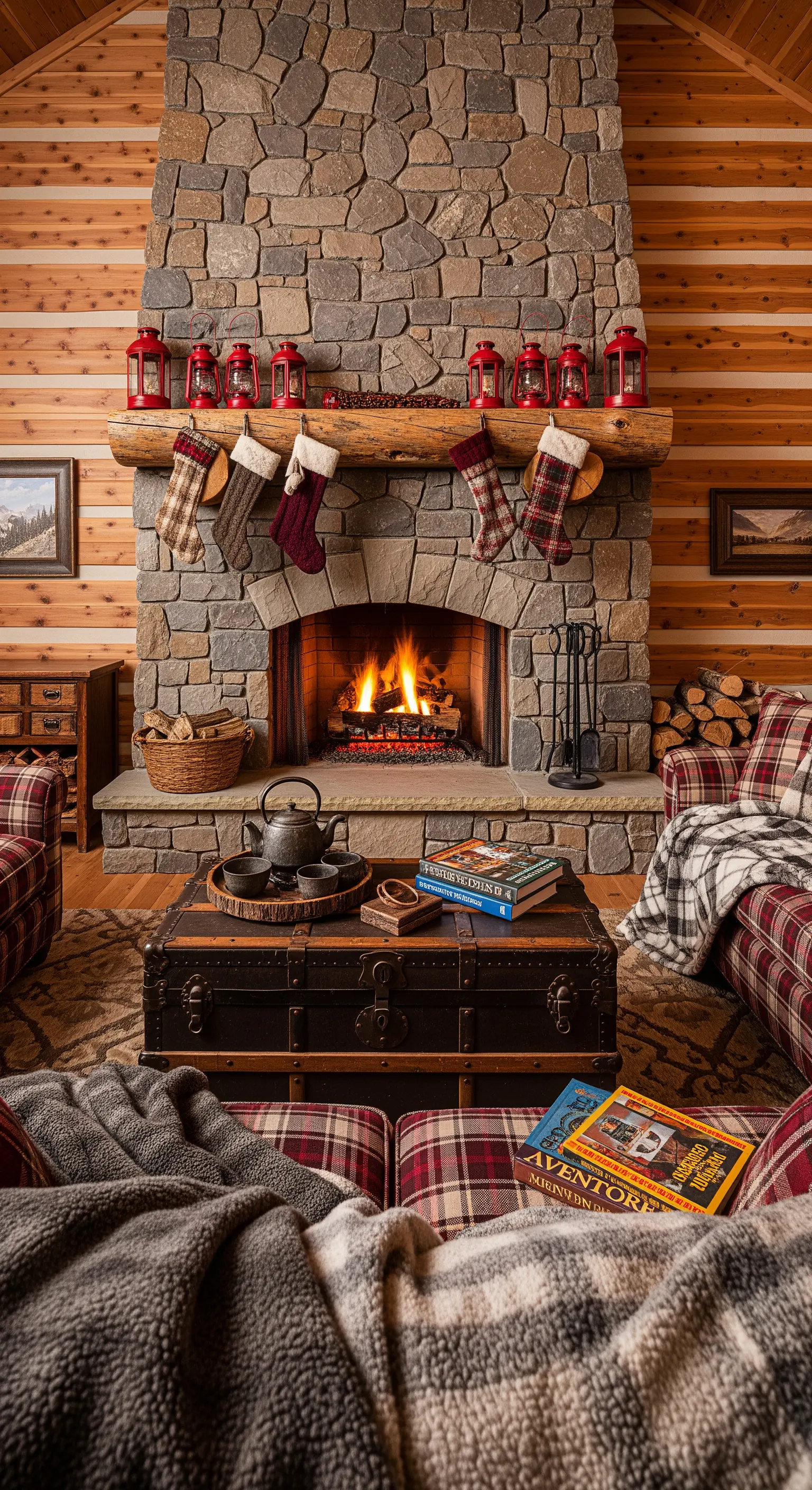 Steinkamin mit Holzbalken, karierten Socken und roten Laternen, rustikale Hüttenatmosphäre.