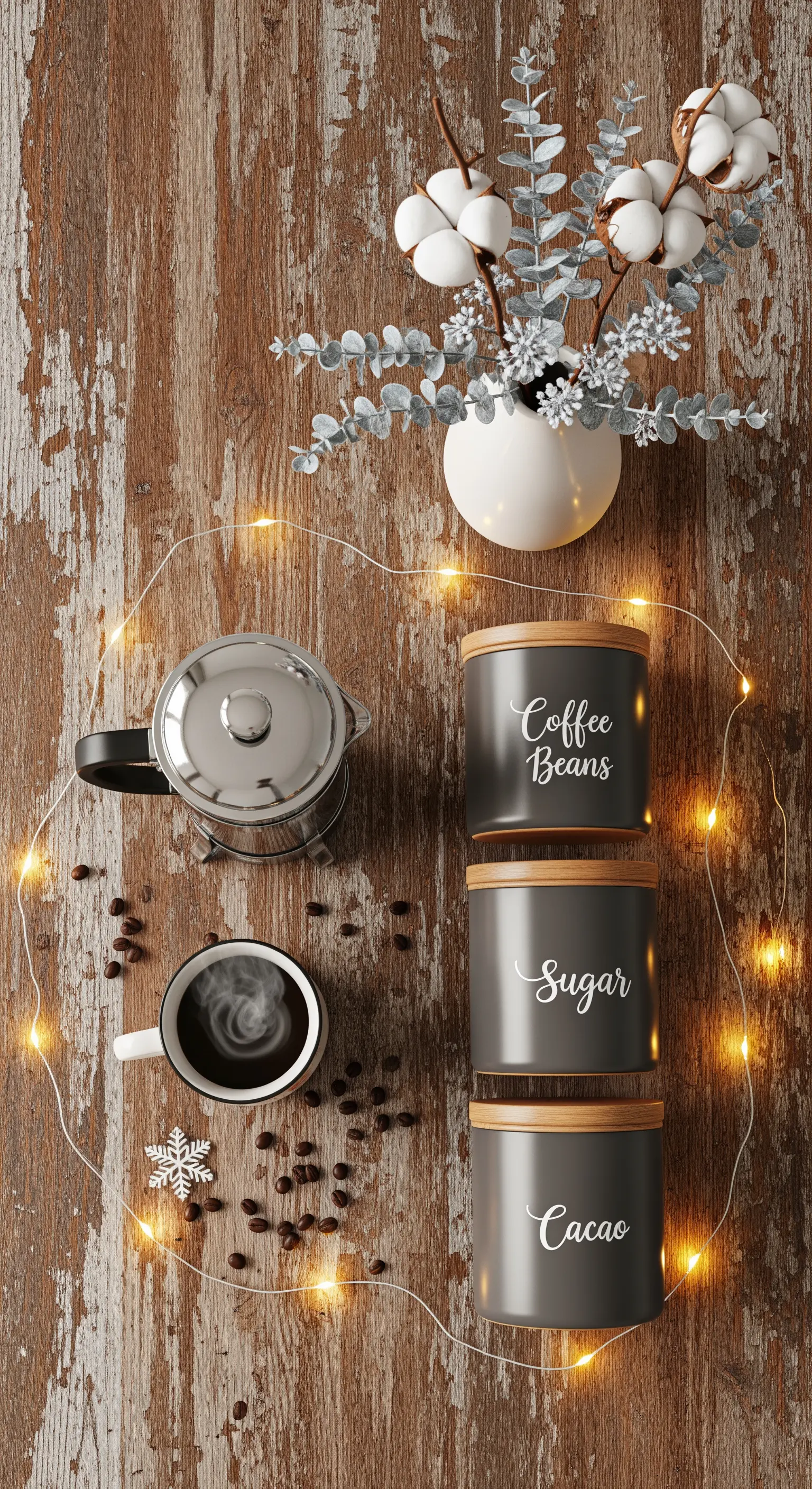 Kaffee-Arrangement auf rustikalem Holz mit Lichterkette, Vorratsdosen und Winter-Dekor.