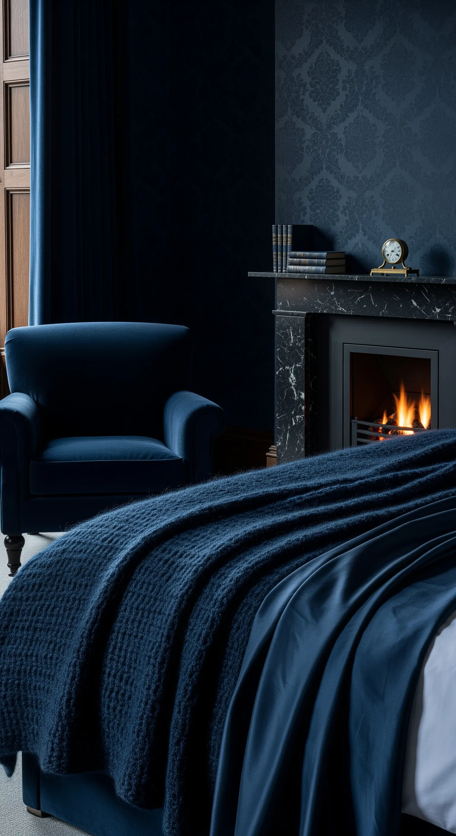 Nachtblaue Leseecke mit Kamin und Samtsessel