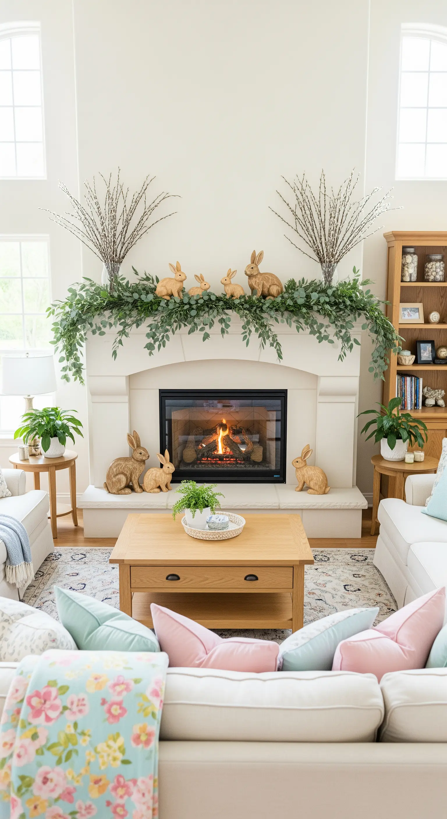 Kaminsims mit Eukalyptusgirlande, Holzhasen, Weidenkätzchen und pastellfarbenen Kissen.